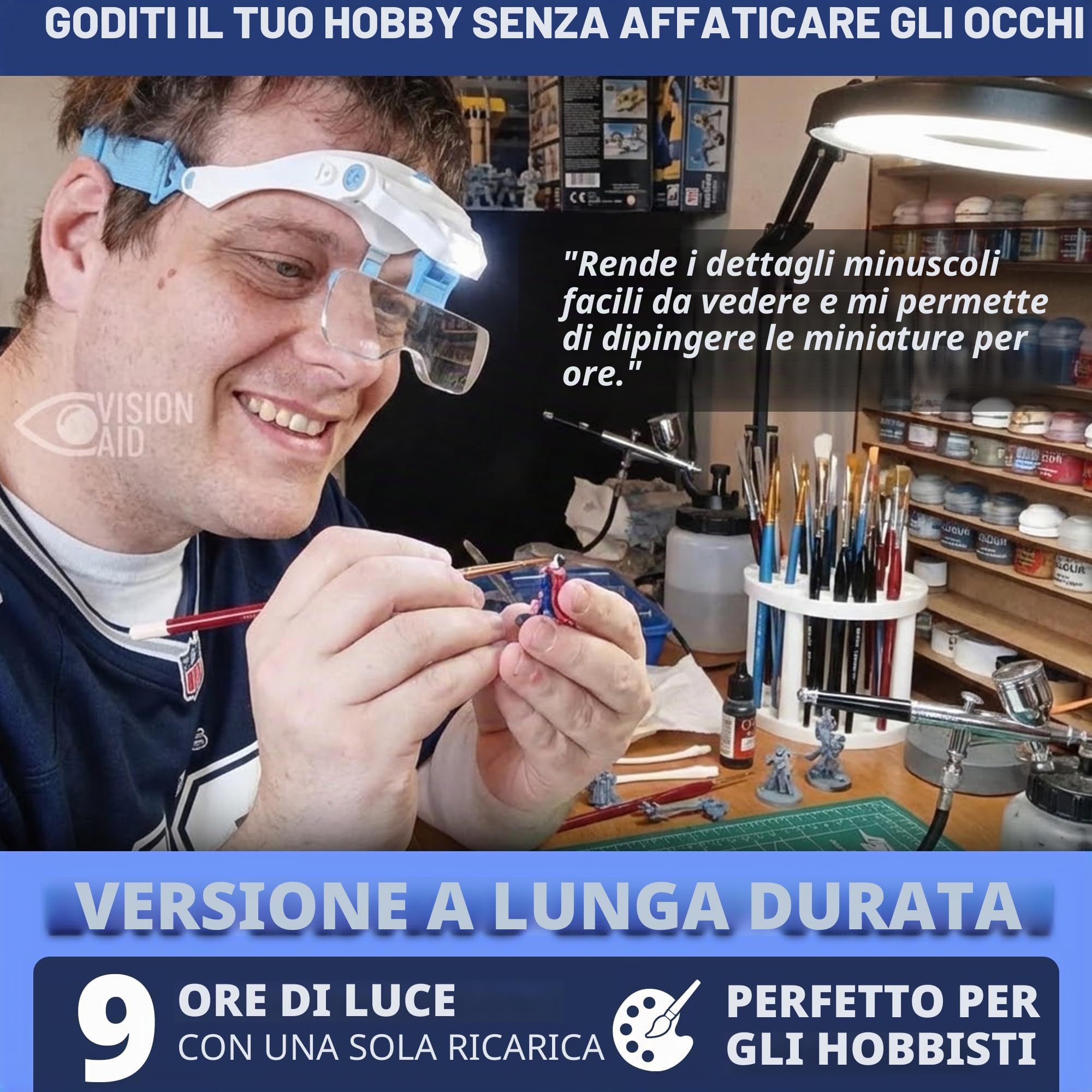 VISION AID Lenti d'Ingrandimento con Luce LED 5 Lenti Archetto Custodia Lente d'ingrandimento illuminata a mani libere per artigianato hobby Ricamo Pittura Miniatura Modellismo lavori di precisione