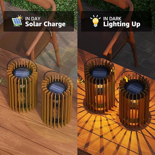 Miniatura 2 de Paquete de 2 faroles solares de 13 pulgadas para exteriores, impermeables, IP44, luces LED colgantes de ratán para patio, jardín, porche, patio,