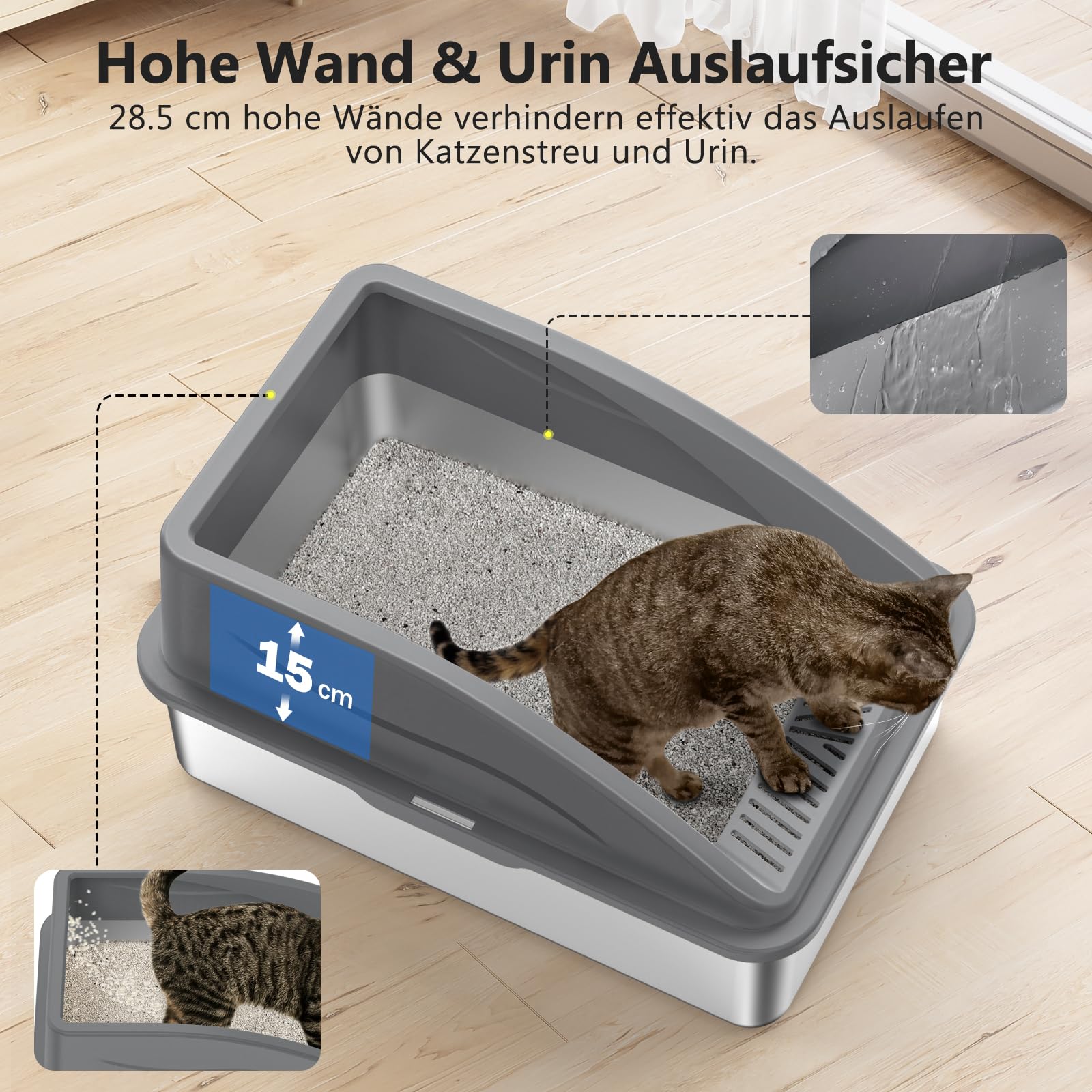FURTIME XXL kuweta dla kota ze stali nierdzewnej, 30 l, duża szufelka dla kota ze stali nierdzewnej, matowa, podwójna warstwa, szczelna, XXL, 58 x 37 x 28,5 cm