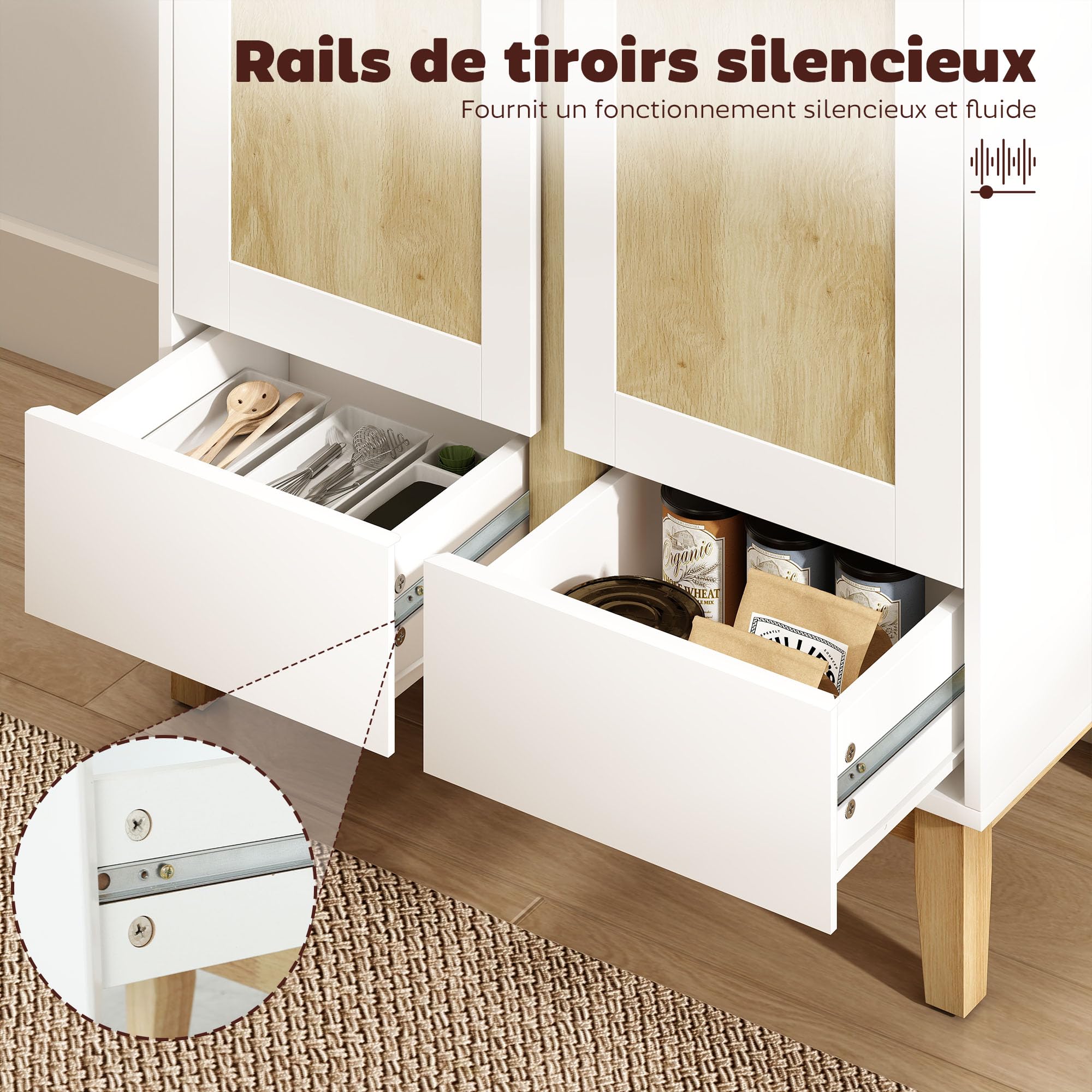 HOMCOM Buffet 2 Portes 2 Tiroirs Nordique 80 x 40 x 86 cm Blanc et Chêne | Meuble de Rangement, Étagère Réglable, Pieds en Bois de Caoutchouc, Buffet Salle à Manger, Cuisine et Salon