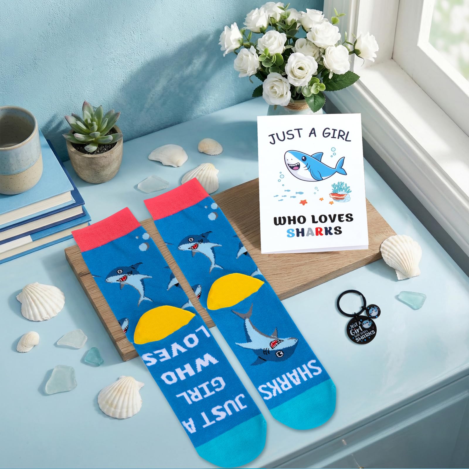 Shark Gifts for Women, 10Pcs Shark Lovers Gift for Girls Including Glass Cup Bracelet Tote bag Makeup Bag Shark Coin Purse Socks Notepad Gift Card for Christmas Birthday Mothers Day