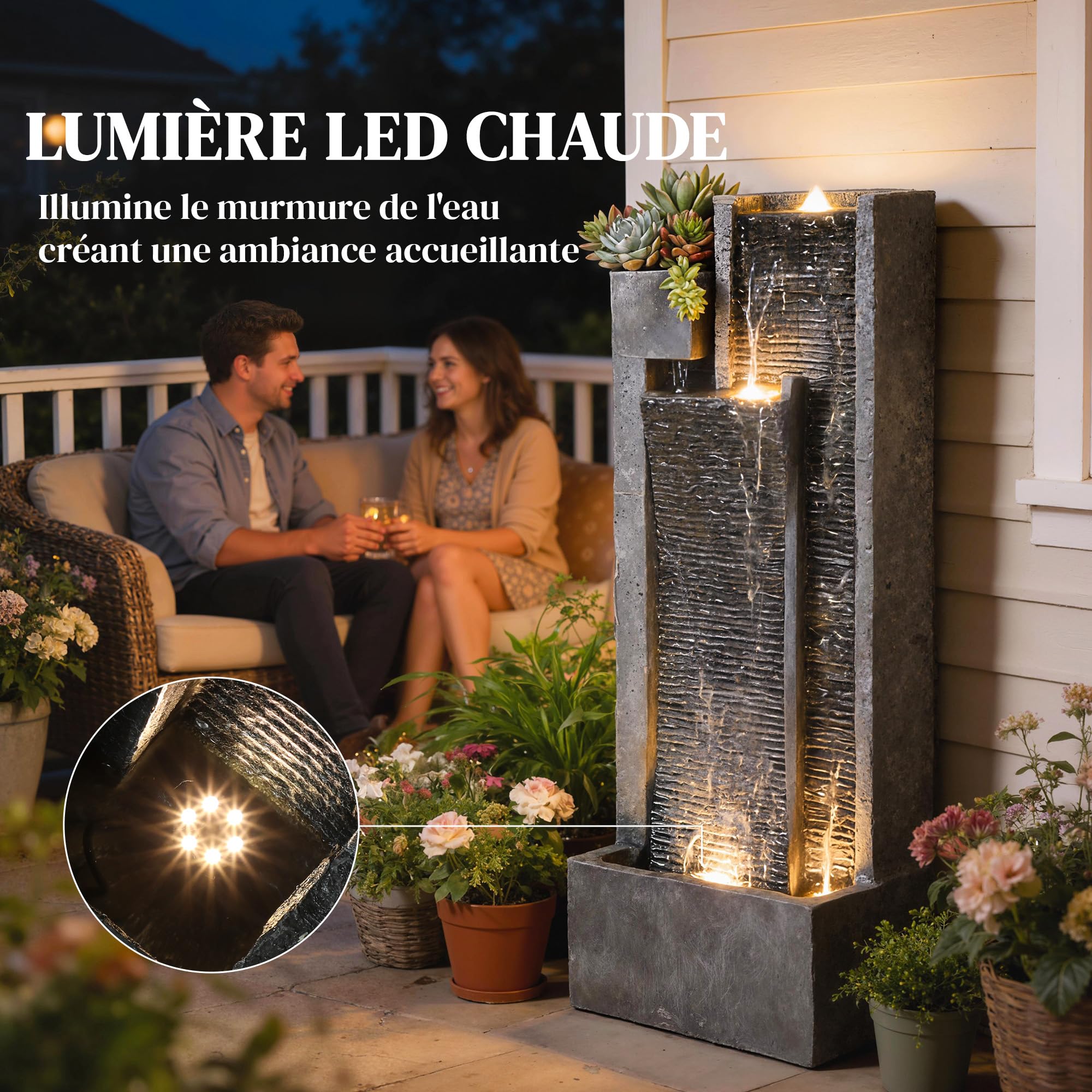 Outsunny Fontaine de Jardin extérieure Cascade 3 Niveaux - Fontaine Eau avec jardinière et Mur d'eau Moderne - 101 cm Grande décoration terrasse Zen Lumineuse 24 LED Gris