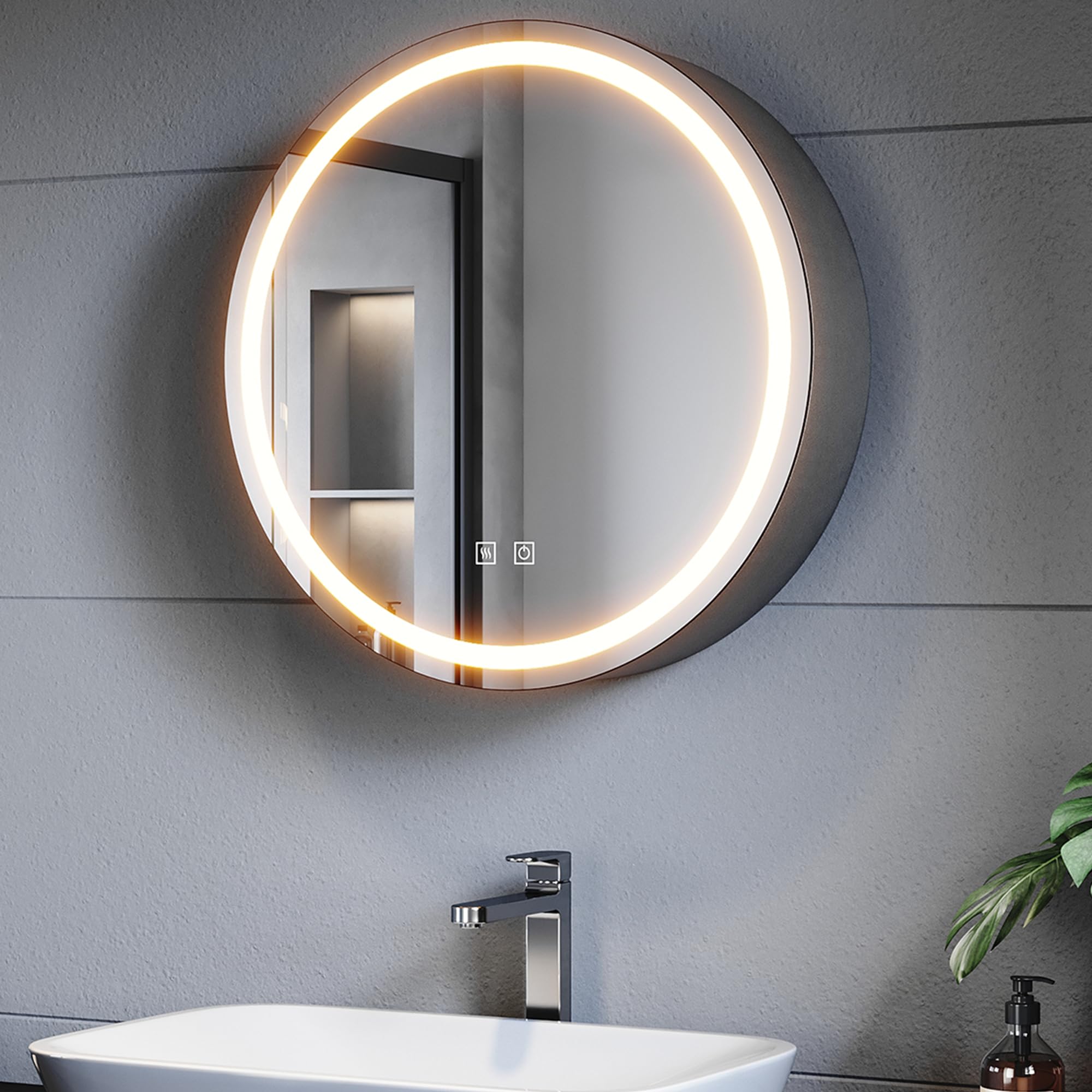Szafka łazienkowa z lustrem, metalowa szafka z lustrem LED, czarna, z przełącznikiem dotykowym, 3 regulowane kolory światła, bez zaparowania, średnica 60 cm, okrągła