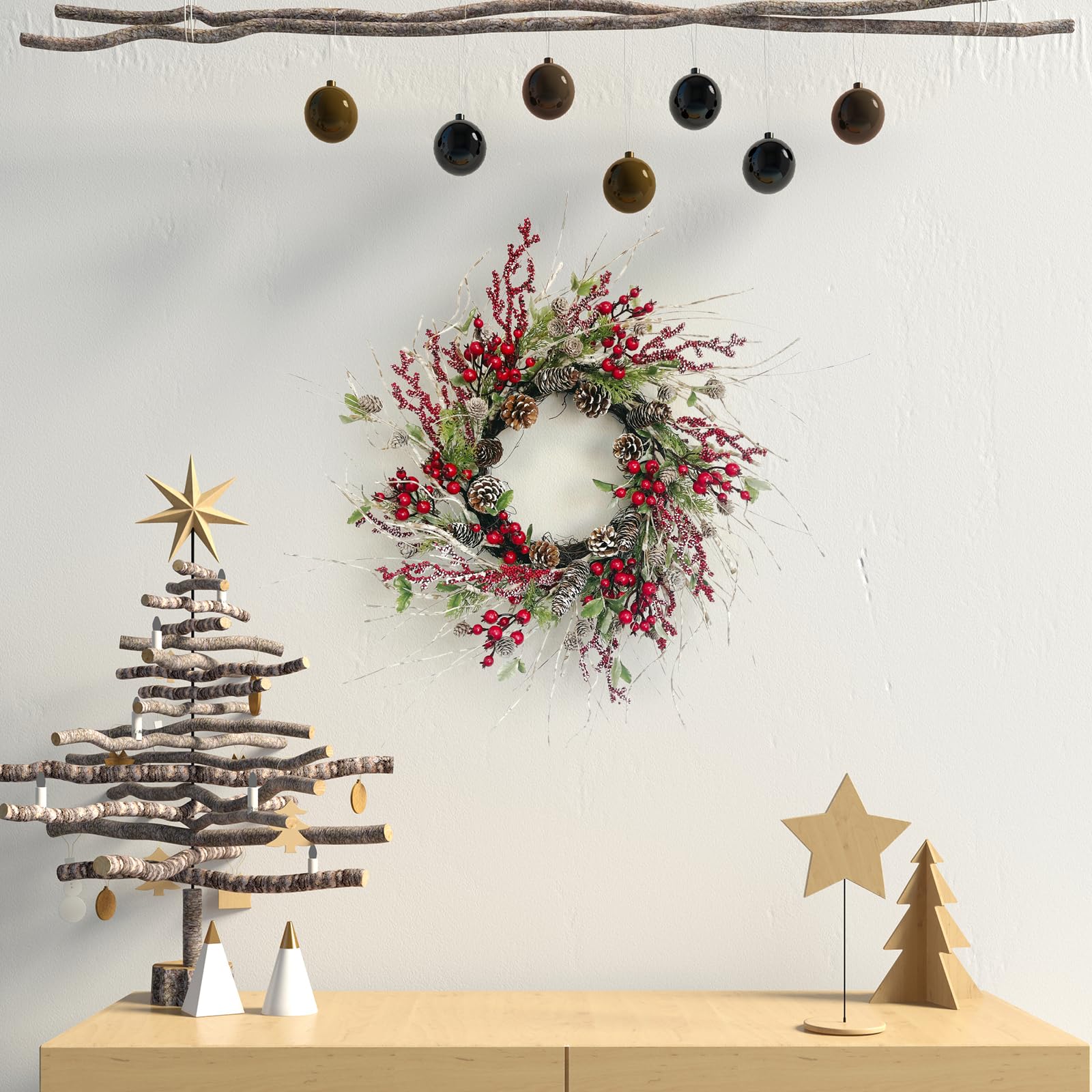 Corona de Navidad de Abedul Artificial de 24 Pulgadas con Conos de Pino Helado, Bayas y Hojas de Acebo, el Cedro Mejora la decoración de la Puerta Delantera para Todo el Invierno