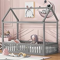 Vista 1 de Bellemave Cama Montessori de tamaño individual para niños, camas de piso de madera con barandillas de valla y puerta, cama individual para niños