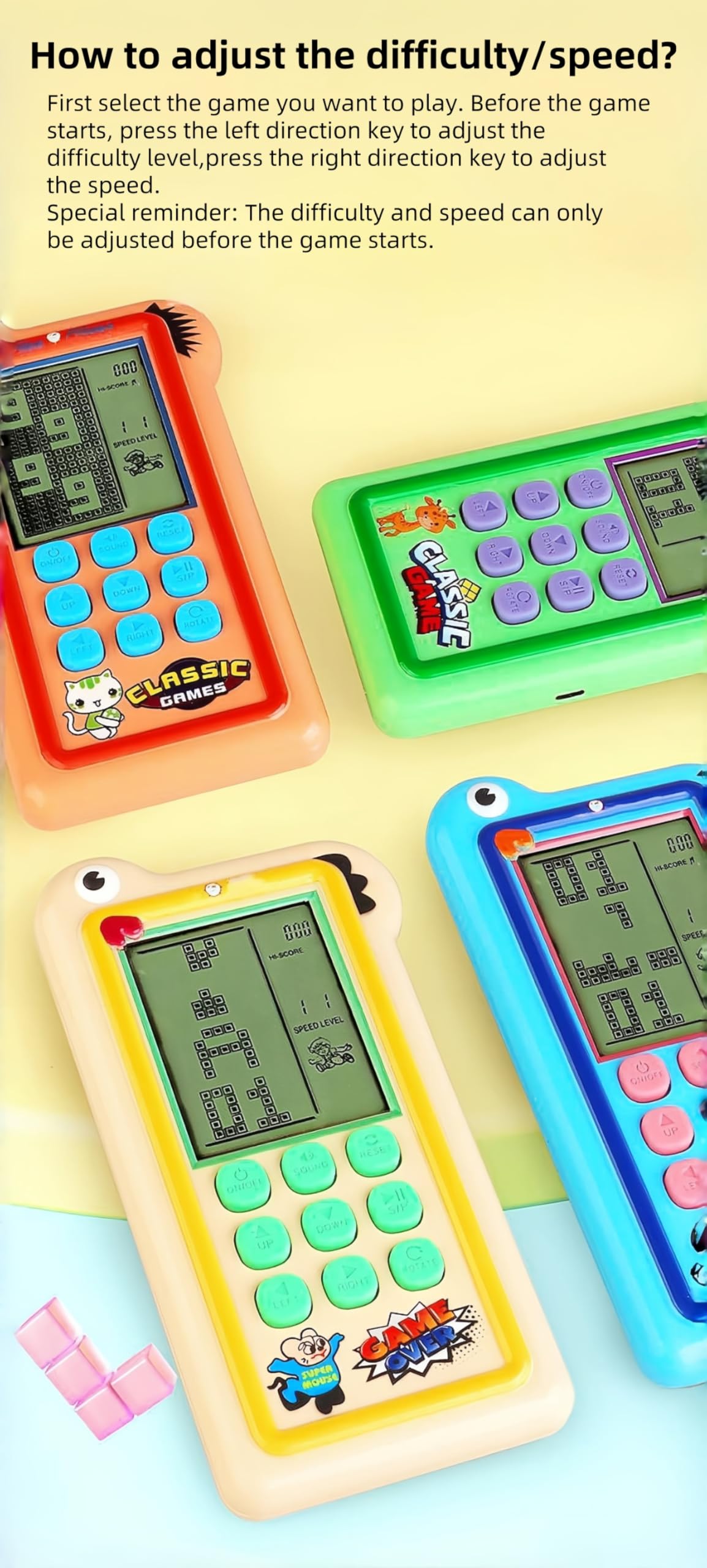HLF Bloquer la Console de Jeu Mode de Jeu Double 23/26 Jeu de Briques Boutons en Silicone Alimenté par Une Batterie au Lithium Rechargeable/AA Jouet Portatif Rétro Cadeaux Enfants/Adolescents (Khaki)