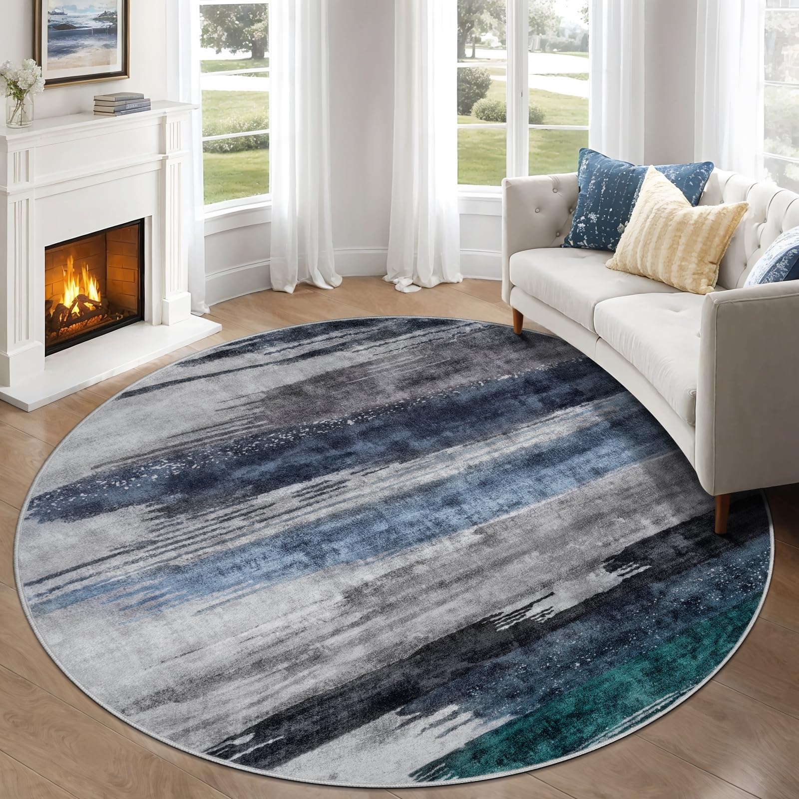 Ciicool 5ft Round Washable Rug, Modern Abstract Circle Rugs, Non-Slip Thin Low-Pile Rug Navy Grey Circular Print Distressed Carpet for Bedroom Living