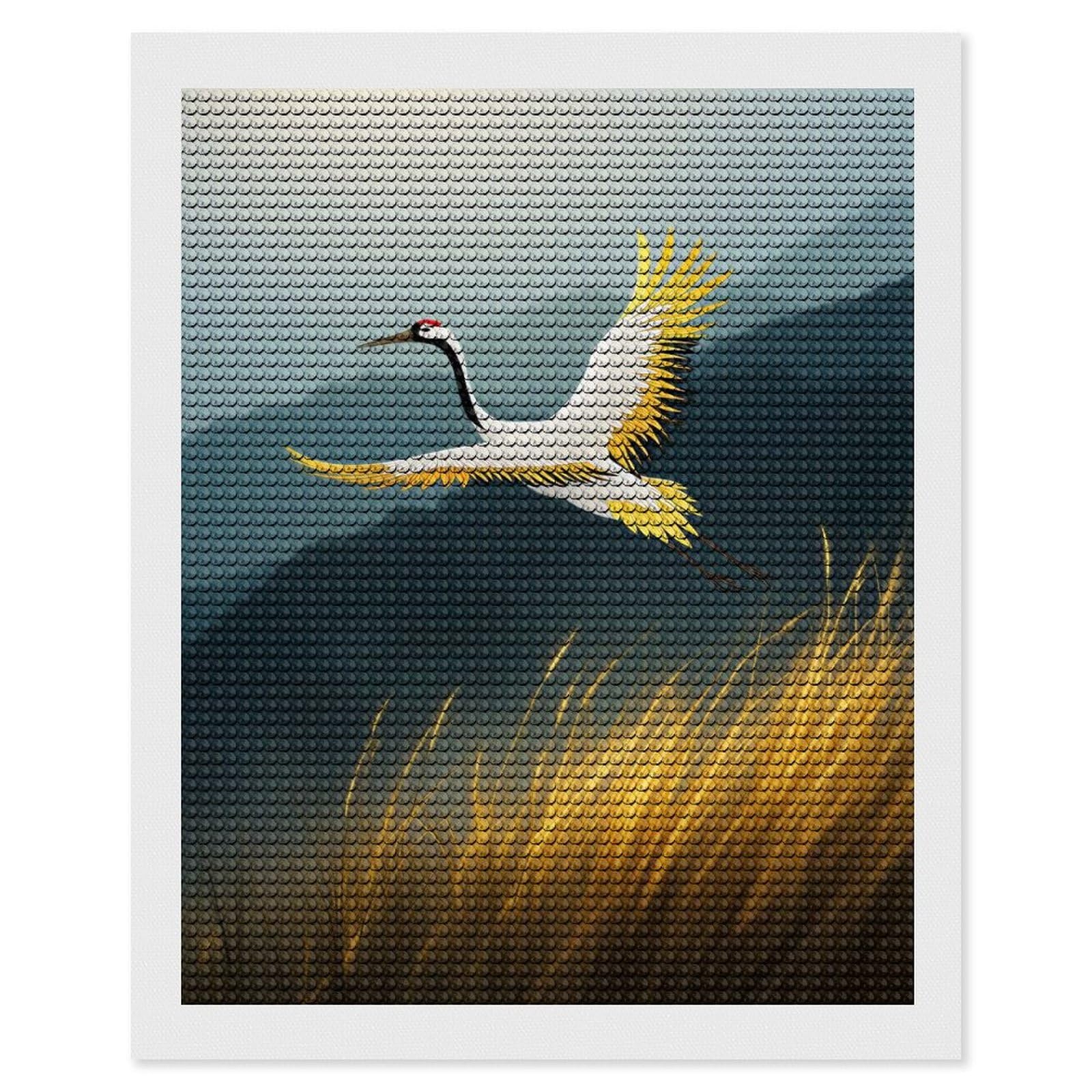 Junmoney Crane in Flight Over Golden Grass Diamond Art Canvas 16"x20", for Adults, Printed Canvas, Home Wall Decor, Gift Idea, Mindful Craft Activity