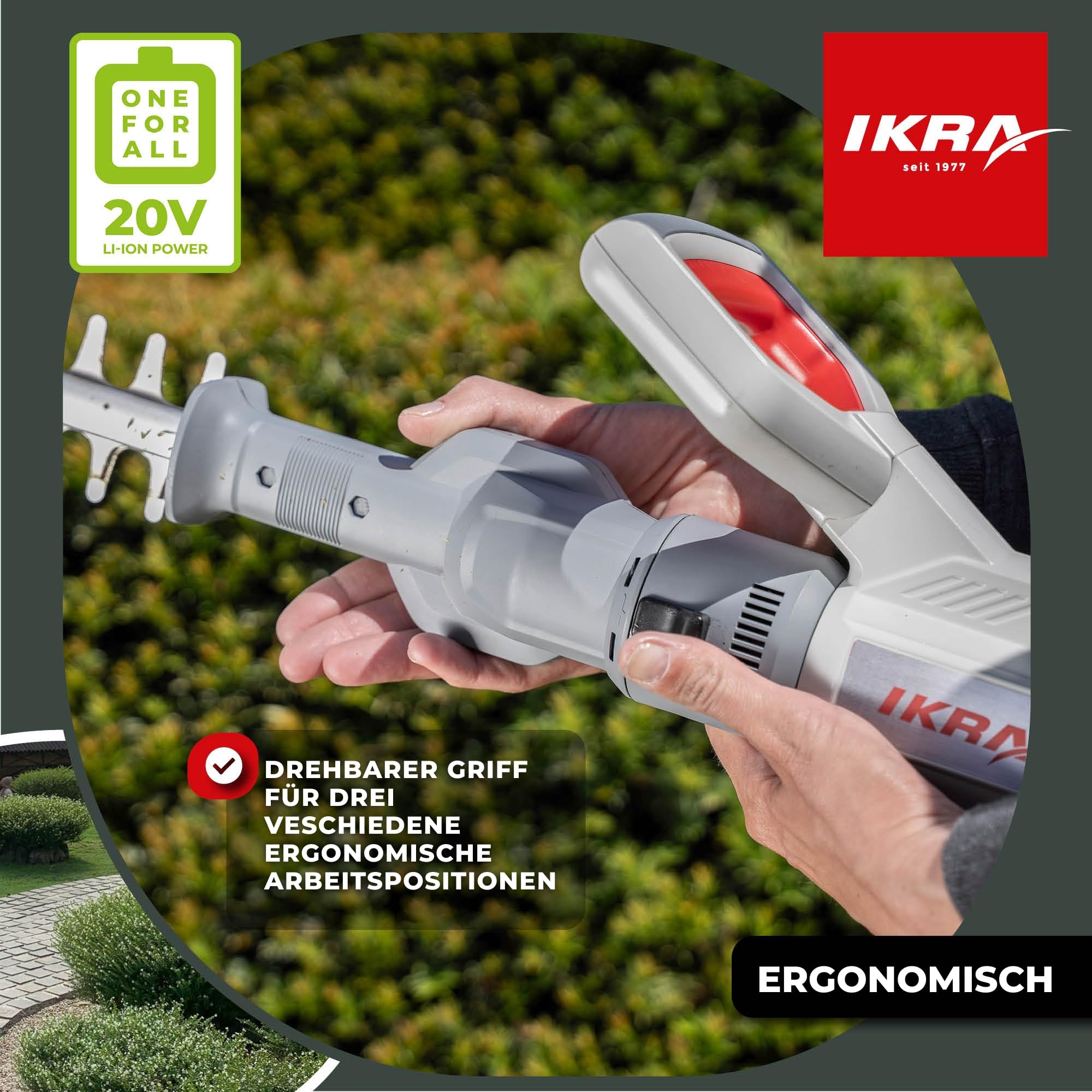IKRA 2in1 Teleskop Heckenschere ICPH 2050, inkl 2 Akkus & Schnelllader | Einsetzbar für normale Hecken oder mit Teleskopierung für hohe Hecken, inkl. Schultergurt, 20 Volt Akku-Familie von IKRA