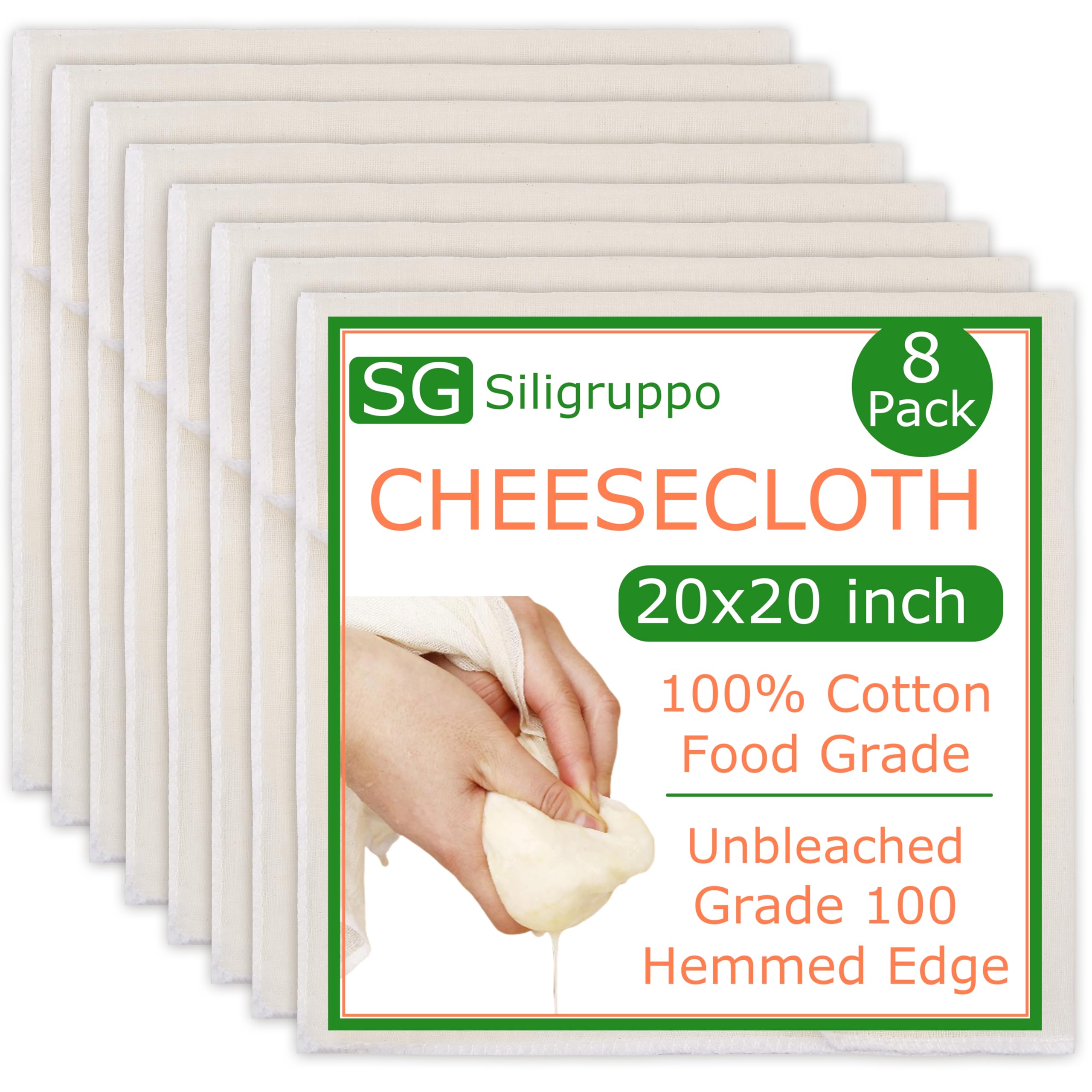 Confezione da 8 garze orlate – 50,8 x 50,8 cm riutilizzabili in cotone non sbiancato per la produzione di formaggio, latte di noci, yogurt e artigianato. Per uso alimentare, pretagliate con bordi