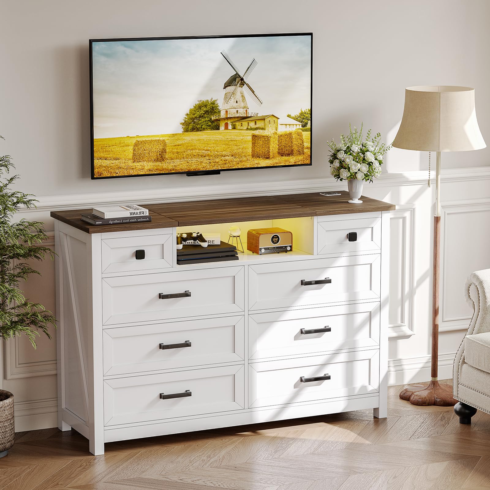 BROTTAR Kommode mit 8 Schubladen und LED Spiegel, Komodenschrank mit Ladestation, Kommode Weiß für Schlafzimmer Wohnzimmer für Kleidung, Dokumente, Spielzeug, 120x40x83cm