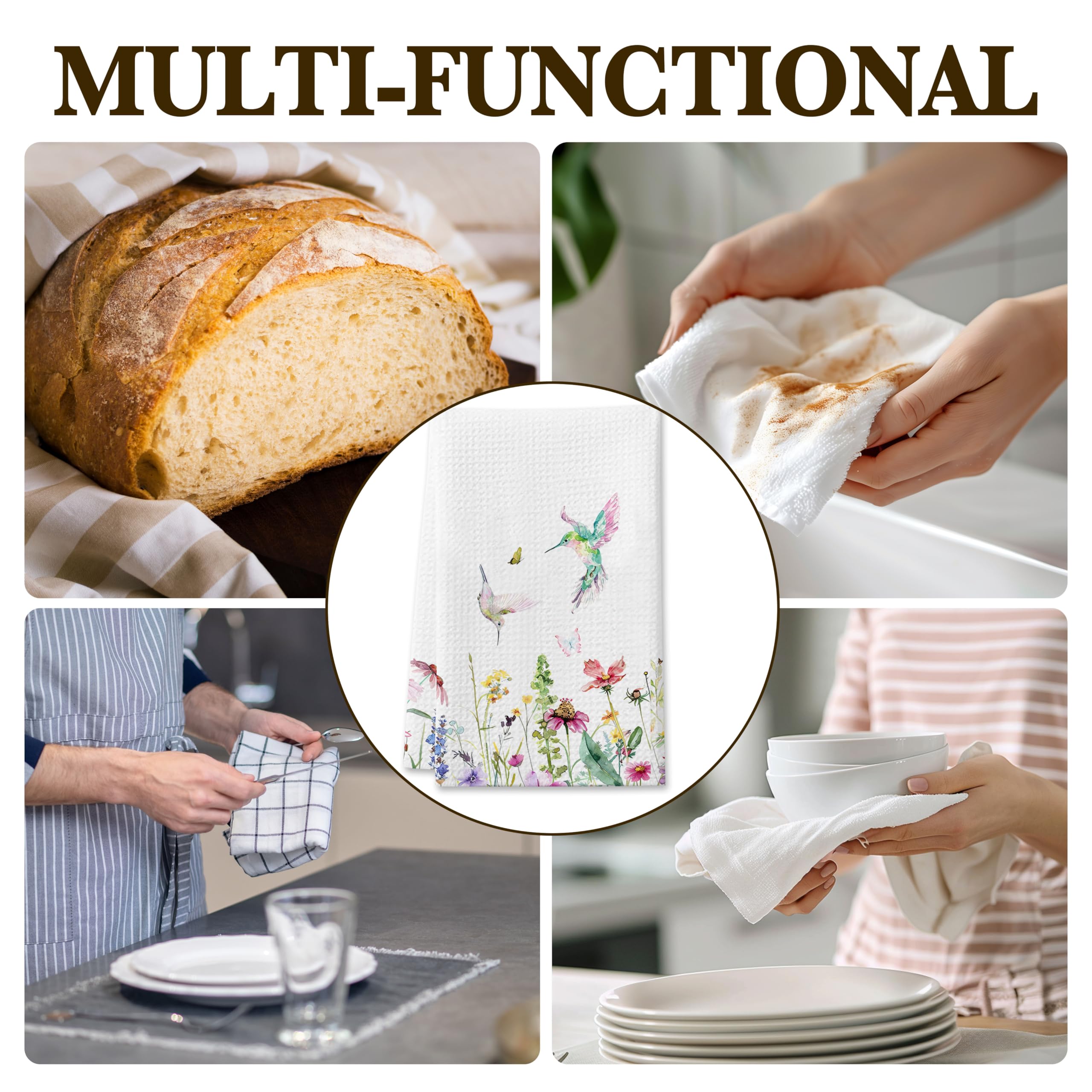 DETIHO Juego de 2 toallas de cocina, suaves y absorbentes, para cocina, paños decorativos florales para secar platos, regalos de colibrí para mujeres, toallas reutilizables y de secado rápido (B09