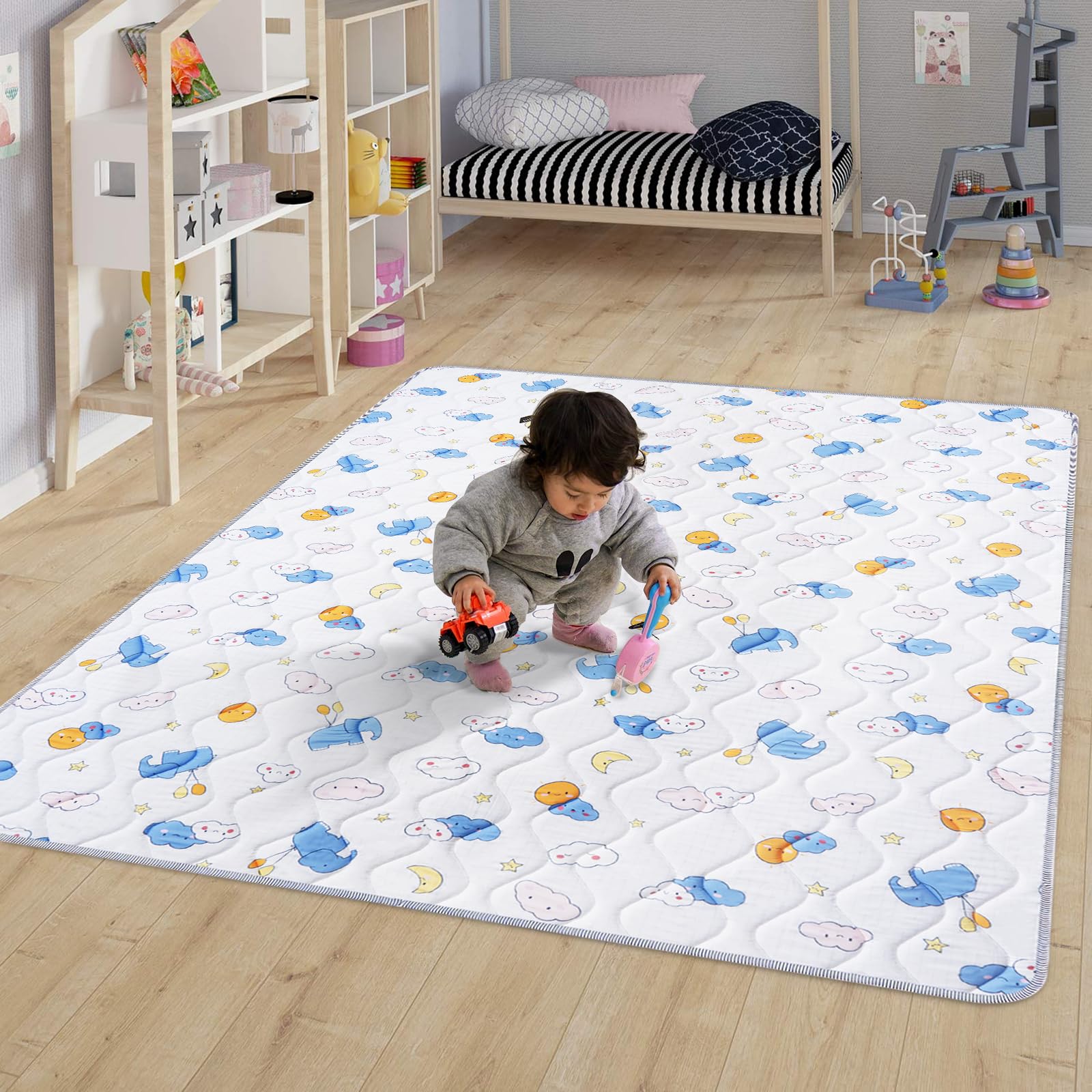 OUUTMEE Baby Krabbelmatte 127 x 127 x 2 cm/50" X 50",Faltbare Spielmatte Baby Teppich, rutschfeste Unterseite, Geeignet für Wohnzimmer, Kinderzimmer und Schlafzimmer, Elefanten-Motiv