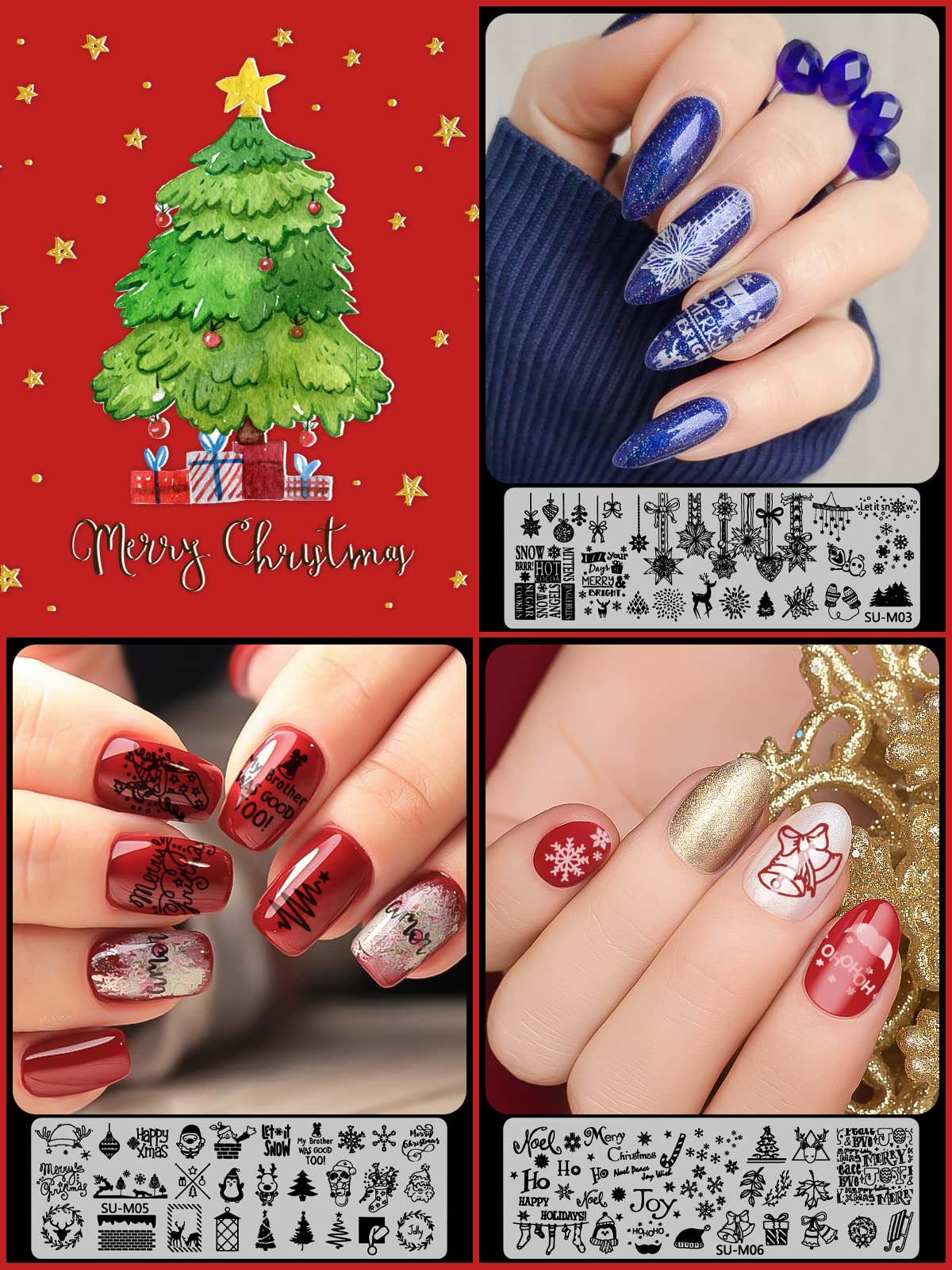 EBANKU 6 pezzi Set di Nail Art Stamping Stampini, Piatti per Timbri per Unghie Renna Fiocco di Neve Albero di Natale Disegni Manicure con 1 Timbro + 1 Raschietto + 1Borsa Portaoggetti