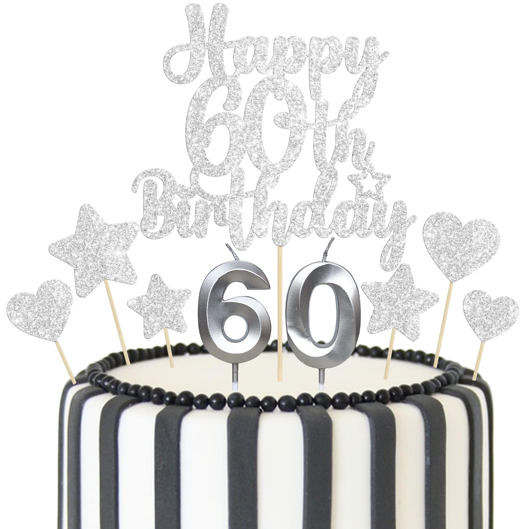 Gyufise 15Pcs Happy 60th Birthday Cake Topper Set with Heart Star Glitter Cheers to 60 Years Cake Picks Number 60 Candles Cake Decorations for Happy 60th Birthday Anniversary Party Supplies Silver โ image 1