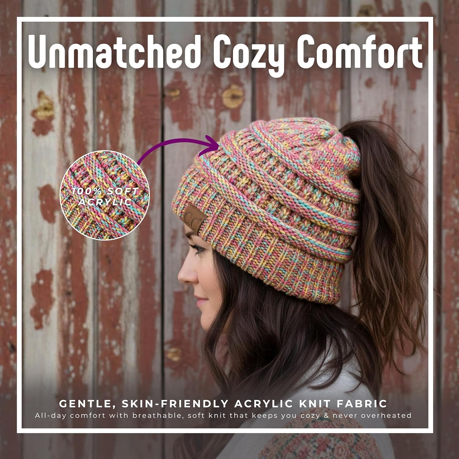 Funky Junque Ponytail Beanie for Women - Winter Ponyback Hat Soft Stretch Cable Knit High Pony Tail Womens Running Hats - Image 3