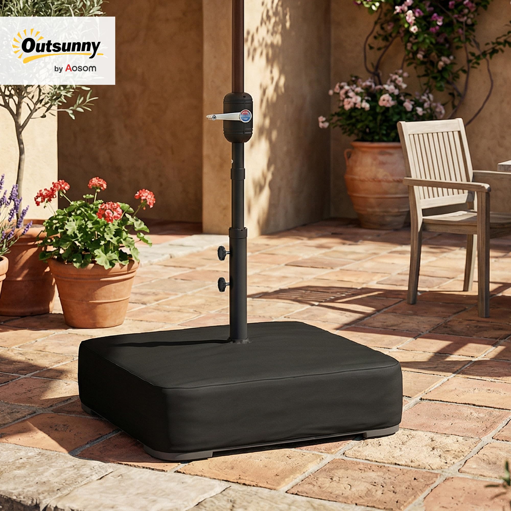 Outsunny Pied de Parasol avec Housse, Socle Parasol extérieur à remplir avec 80kg Sable ou 90kg de Sable Humide, pour mât Ø48mm, Base de Parasol déporté pour Jardin Patio terrasse, 78x78x40cm, Noir