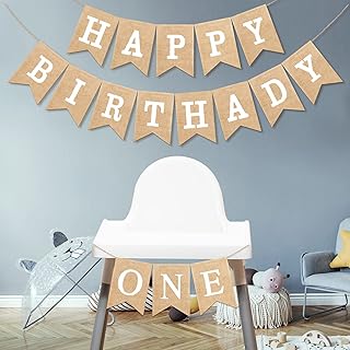 1st Birthday Party Decoration First Birthday Banner Rustic Happy Birthday Burlap Banner One High Chair Banner One Sign for First Birthday Baby Girl Boy Birthday Nursery Supplies, White Alphabet