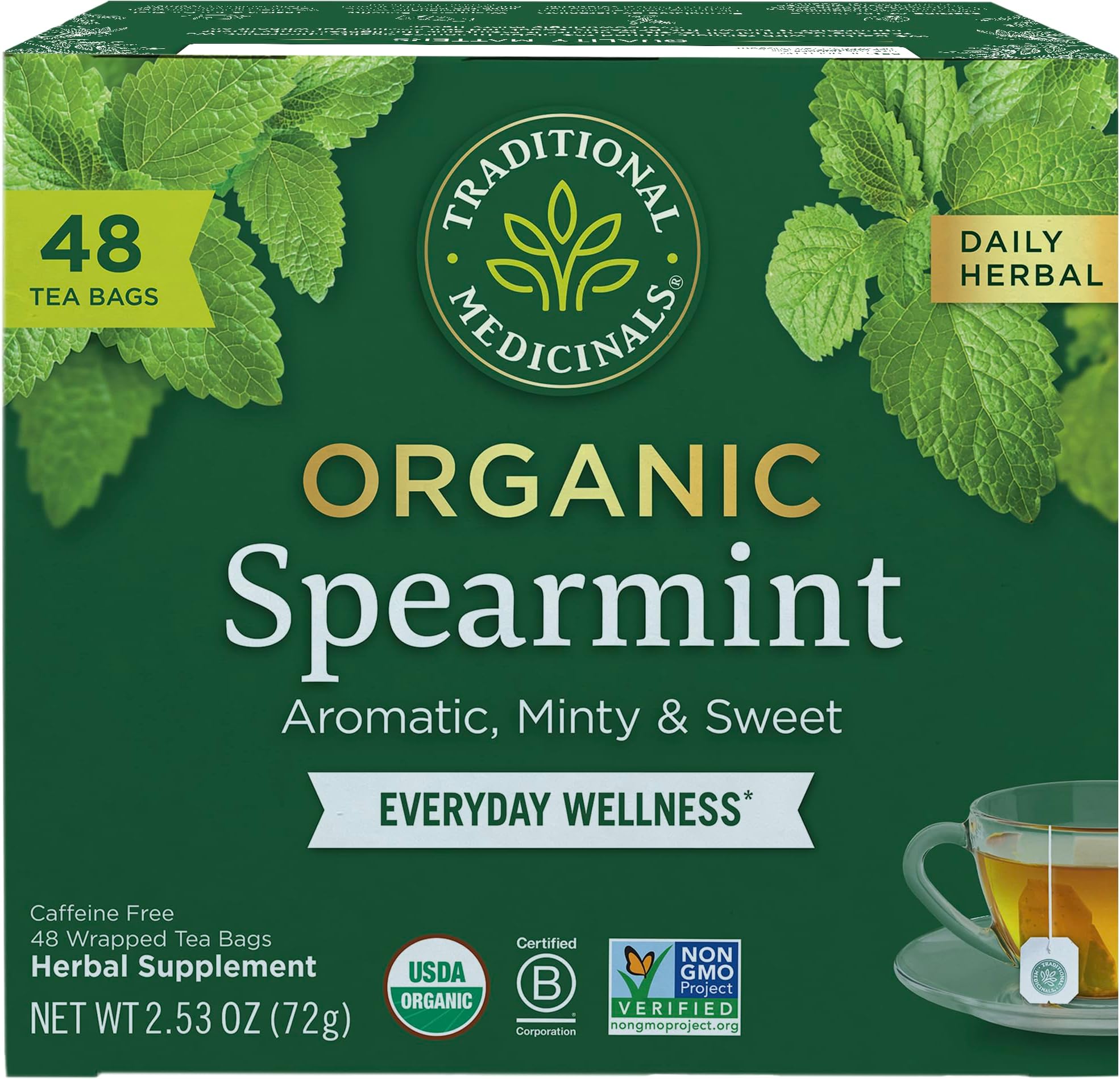 Traditional Medicinals Tea, Organic Spearmint, Supports Everyday Wellness, Healthy & Refreshing - 48 Tea Bags