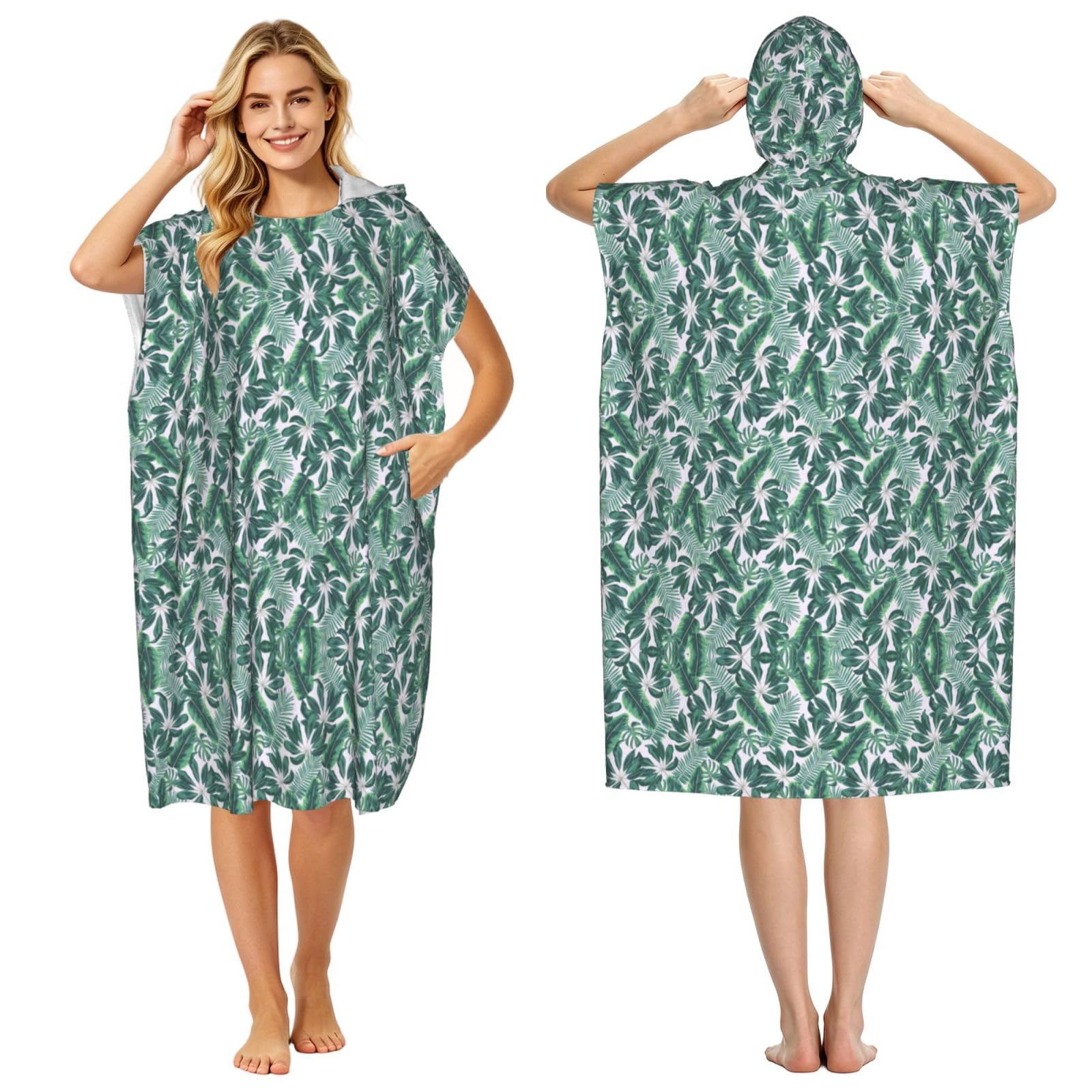 EZDLOWVBA Mixed Tropical Leaves Plain Print Hooded Poncho Microfiber Beach Towel,Adult Women & Men Changing Robe,Lightweight Summer Surf Swim Bath Poncho Towel