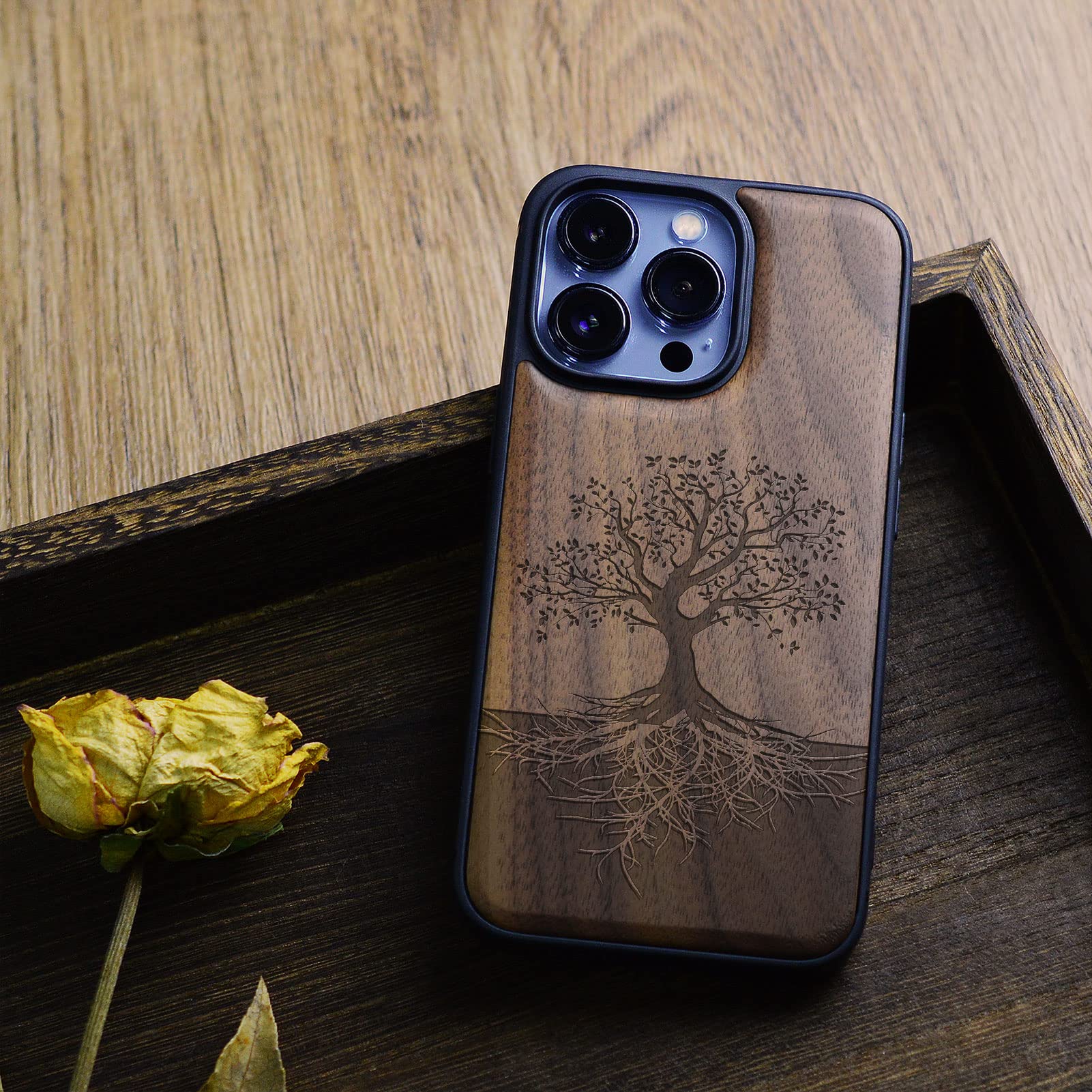 Carveit Custodia In Legno Di Noce Per IPhone 13 Pro Con Calendario Maya - Cover Magnetica MagSafe, TPU Rinforzato - 2