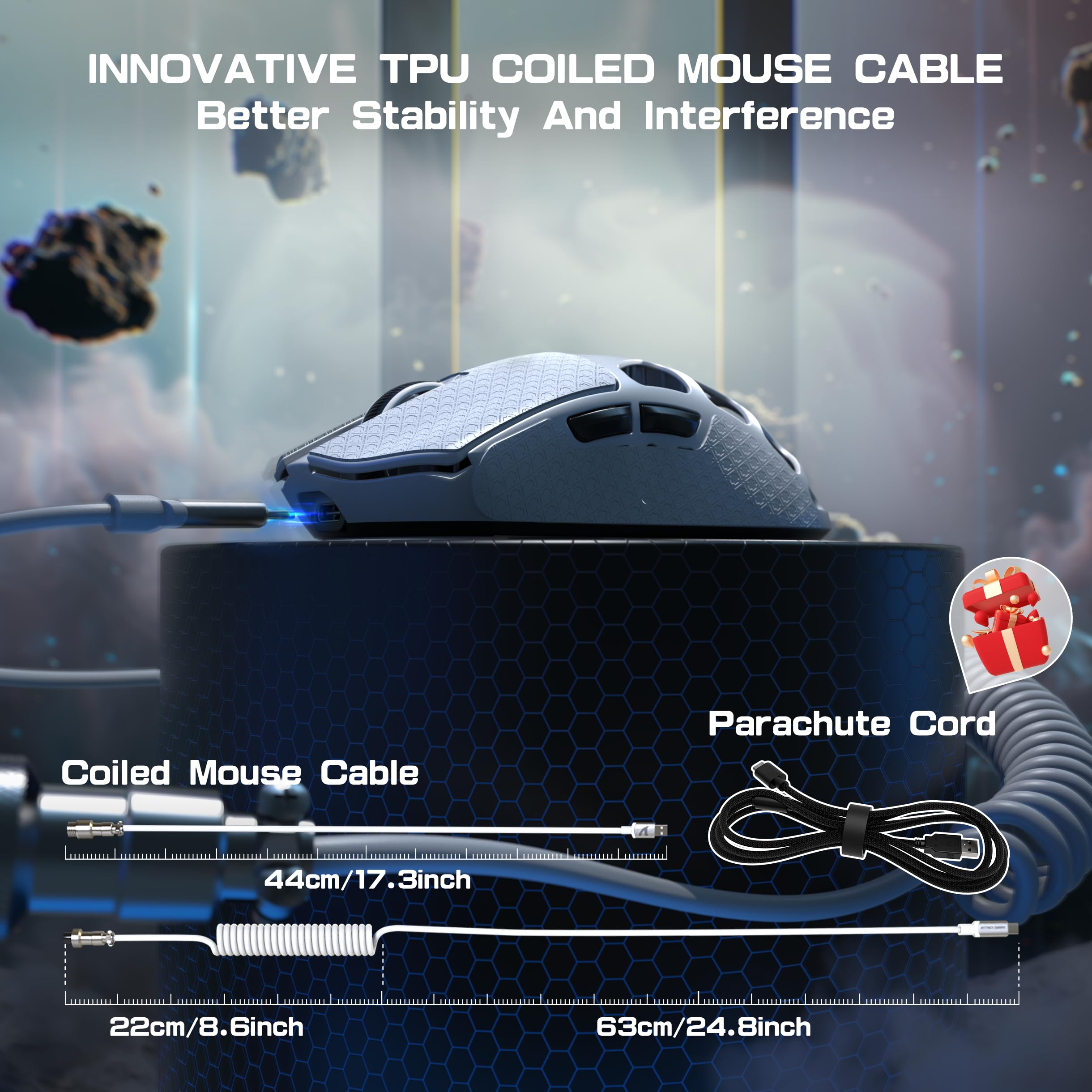 ATTACK SHARK R3PRO 46g Souris Super Léger en Alliage de Magnésium, 8000Hz Polling Rate, 26000DPI, 2,4G/BT/Filaire, Capteur PixArt PAW3395, G502, Souris Programmables avec Câble Spiralé, PC/Mac, Blanc