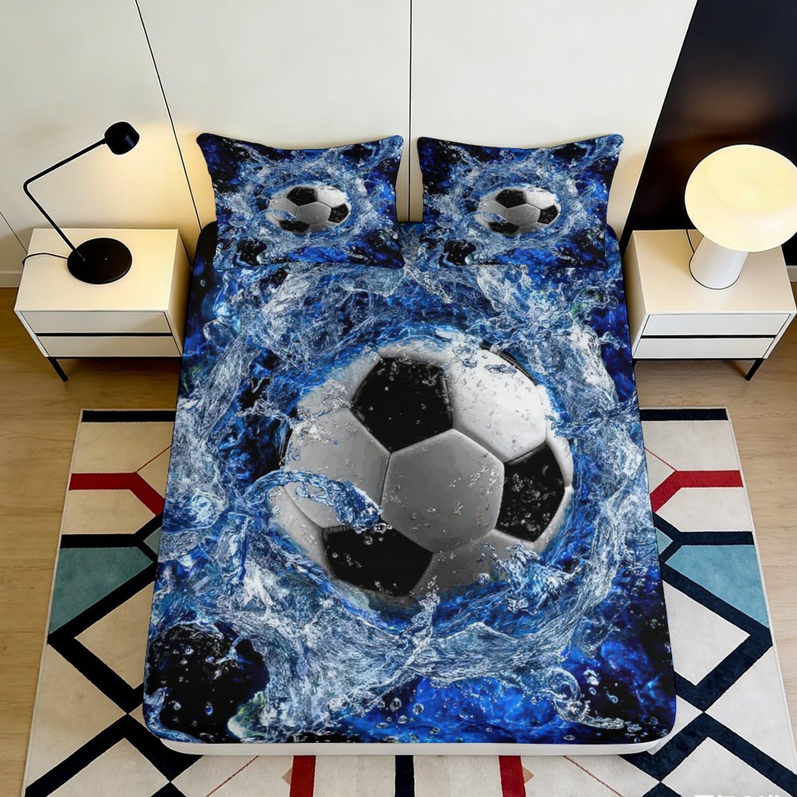 3D Printed Blue Splash Football Fitted Sheet Microfiber Soft Bed Cover for Bedroom Dorm Mattress Decor 90x200x25cm