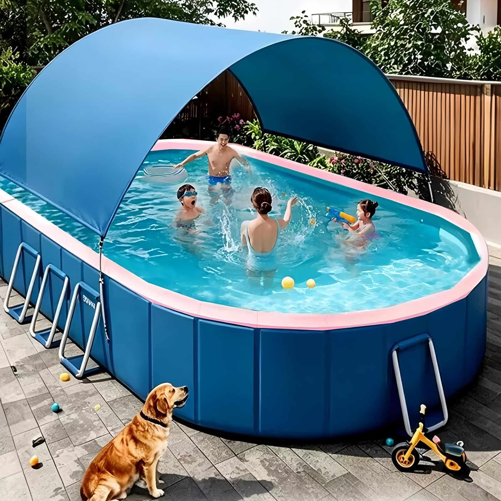Piscina Pieghevole, Rettangolare Fuori Terra con Tettuccio Parasole – Non Gonfiabile, Telaio in Acciaio, PVC Resistente, Piscina per Cani per 1-6 Persone, Adulti & Animali