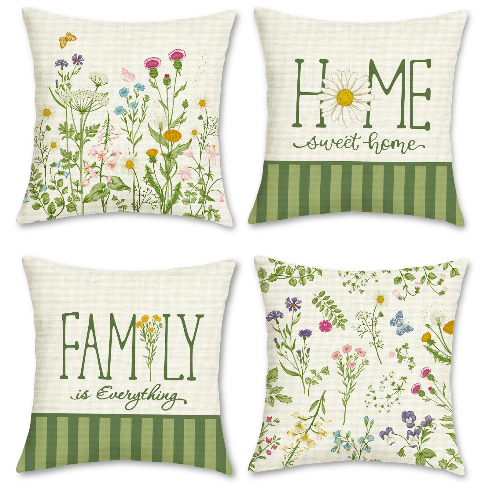 Bonhause Spring Floral Cushion Covers 45 x 45 cm Flowers Leaves Green Stripes Decorative Throw Pillow Covers for Sofa Bed Home Garden Patio Garden Outdoor Decor Set of 4