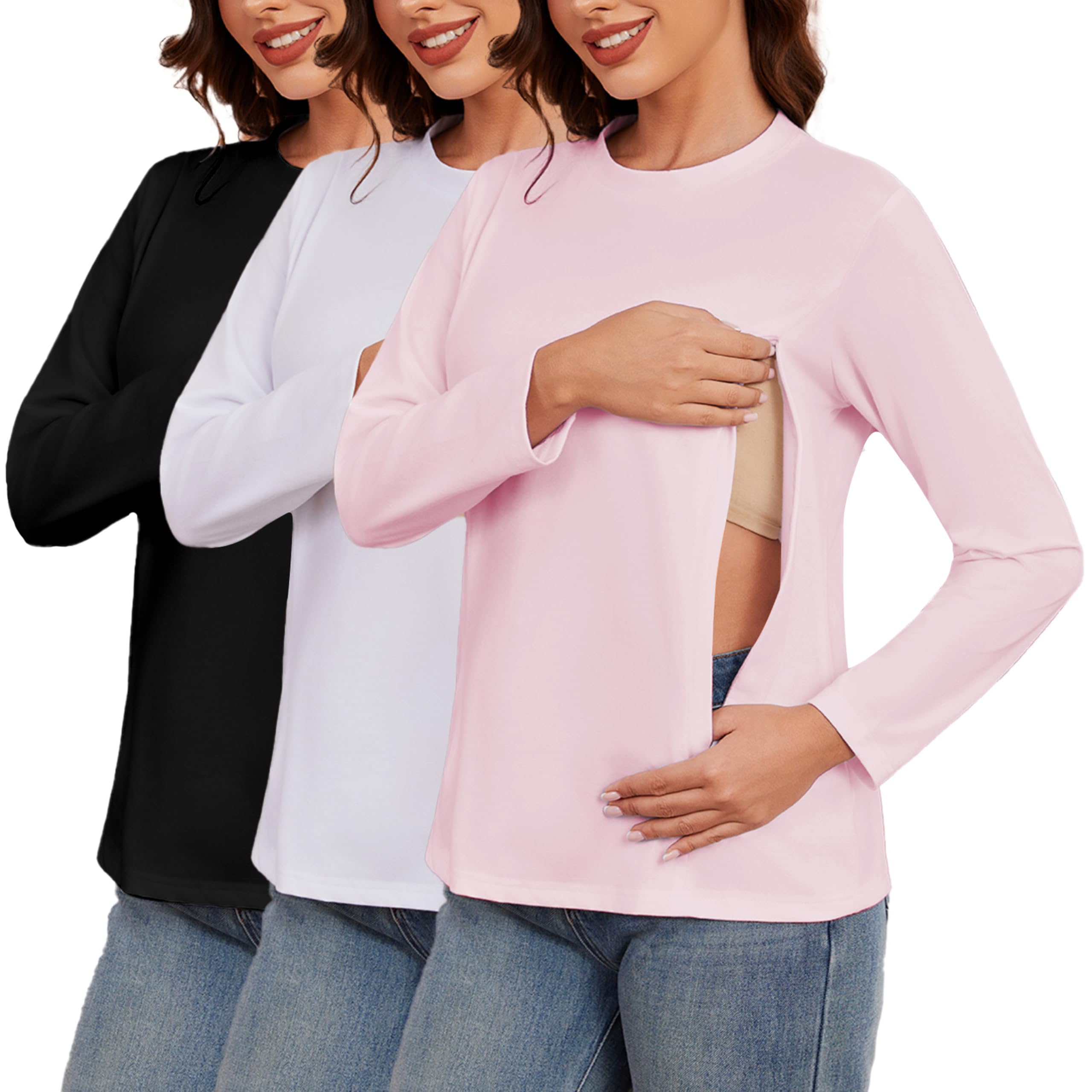 Lot de 3 t-shirts d'allaitement à manches longues pour femme enceinte avec fermeture éclair, blanc, rose et noir, XXL