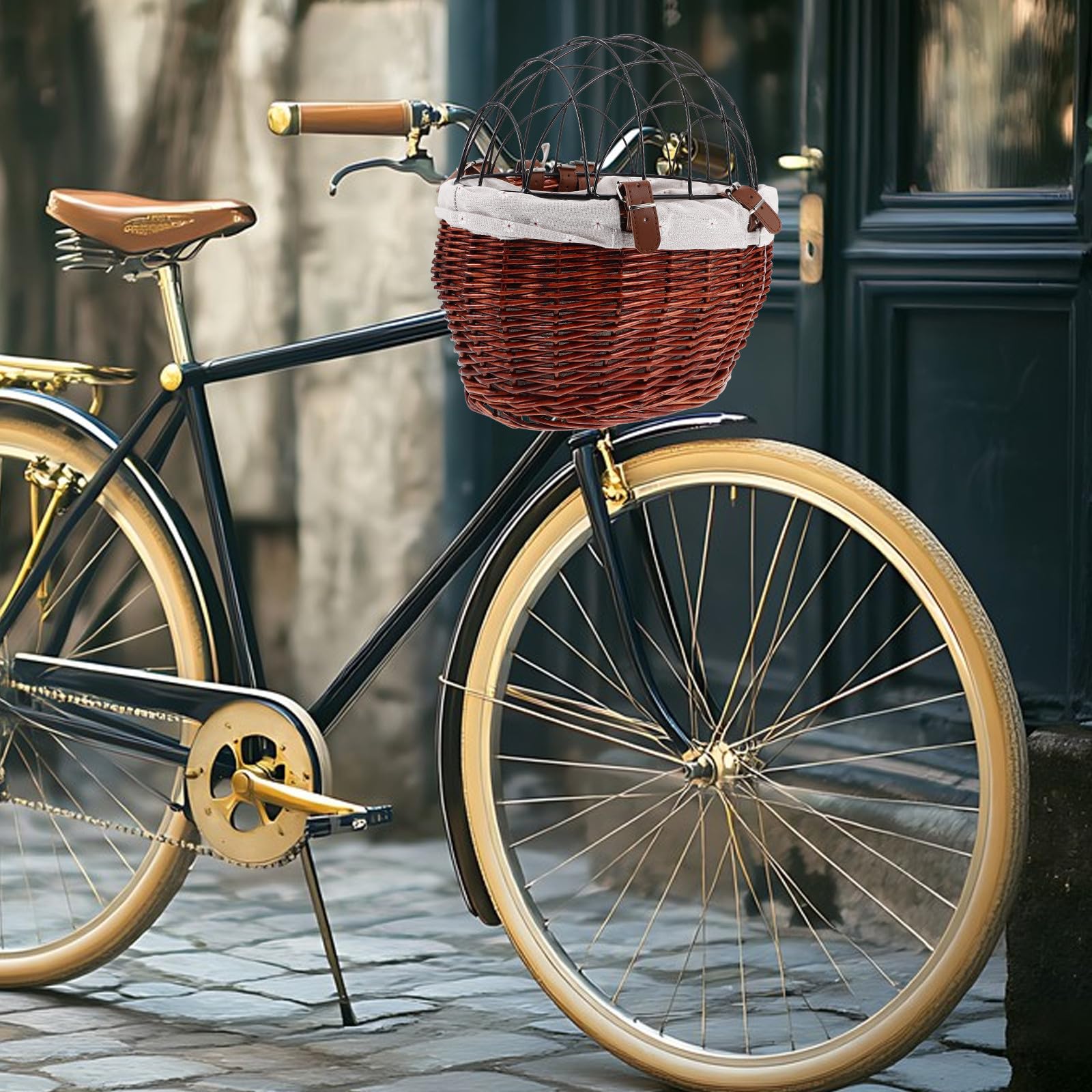 Cestino da Bici Anteriore in Vimini per Cani e Animali Domestici, Sicuro e Multifunzionale con Copertura a Rete, per Spostamenti e Shopping
