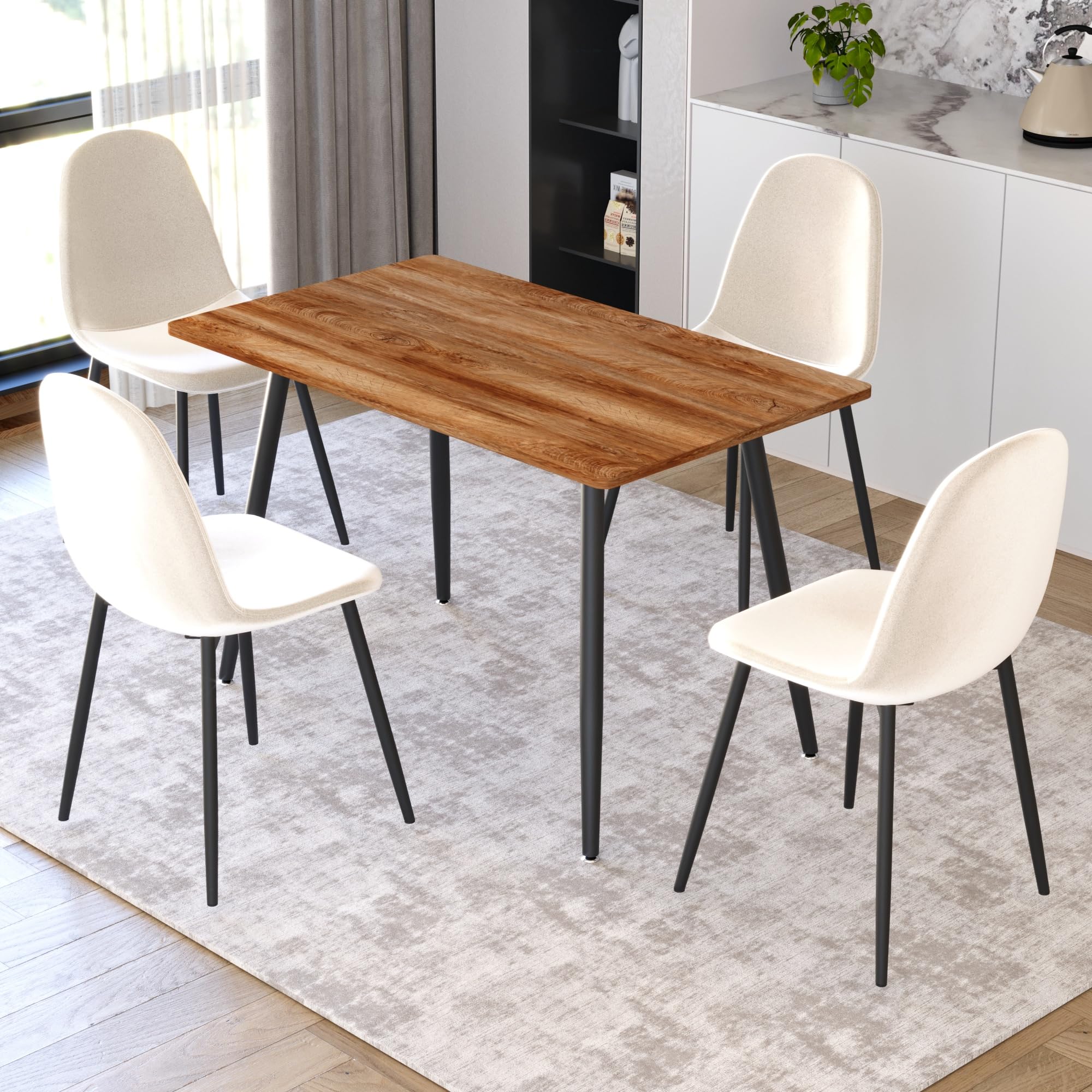 Hilknen Small Dining Table Set for 4, Modern Dining Table and Chairs Set with 4 Fabric Dining Chairs, 5 Piece Wooden Dining Table Set, 47'' Kitchen