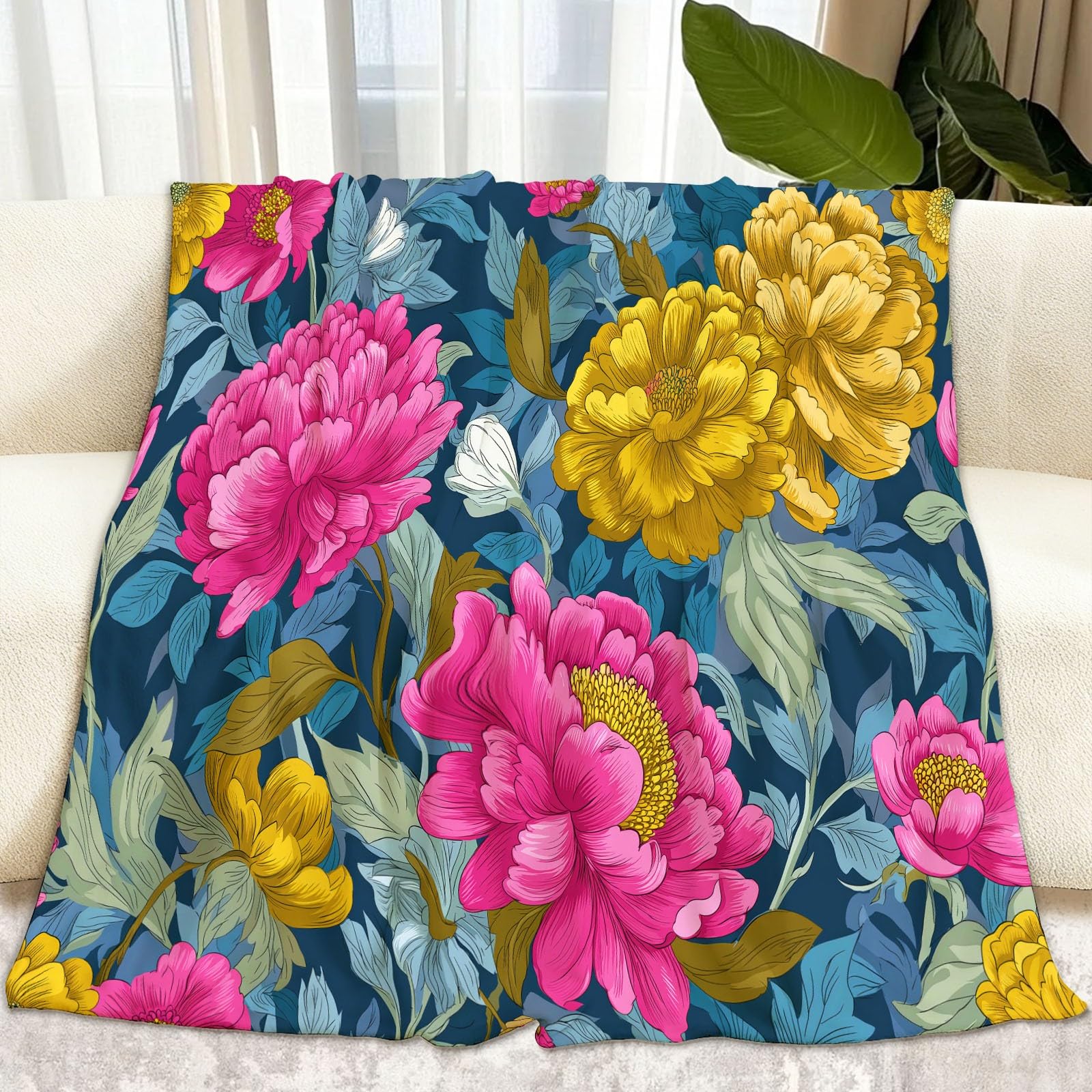 Style Rétro Couverture Flanelle Fleurs Dessinées À La Main 180 x 200 cm Douce Moelleuse Flanelle Couverture de Lit, Vert Foncé Plaid Polaire Jeté de Canapé Convient Adultes et Enfants Chaud en Hiver