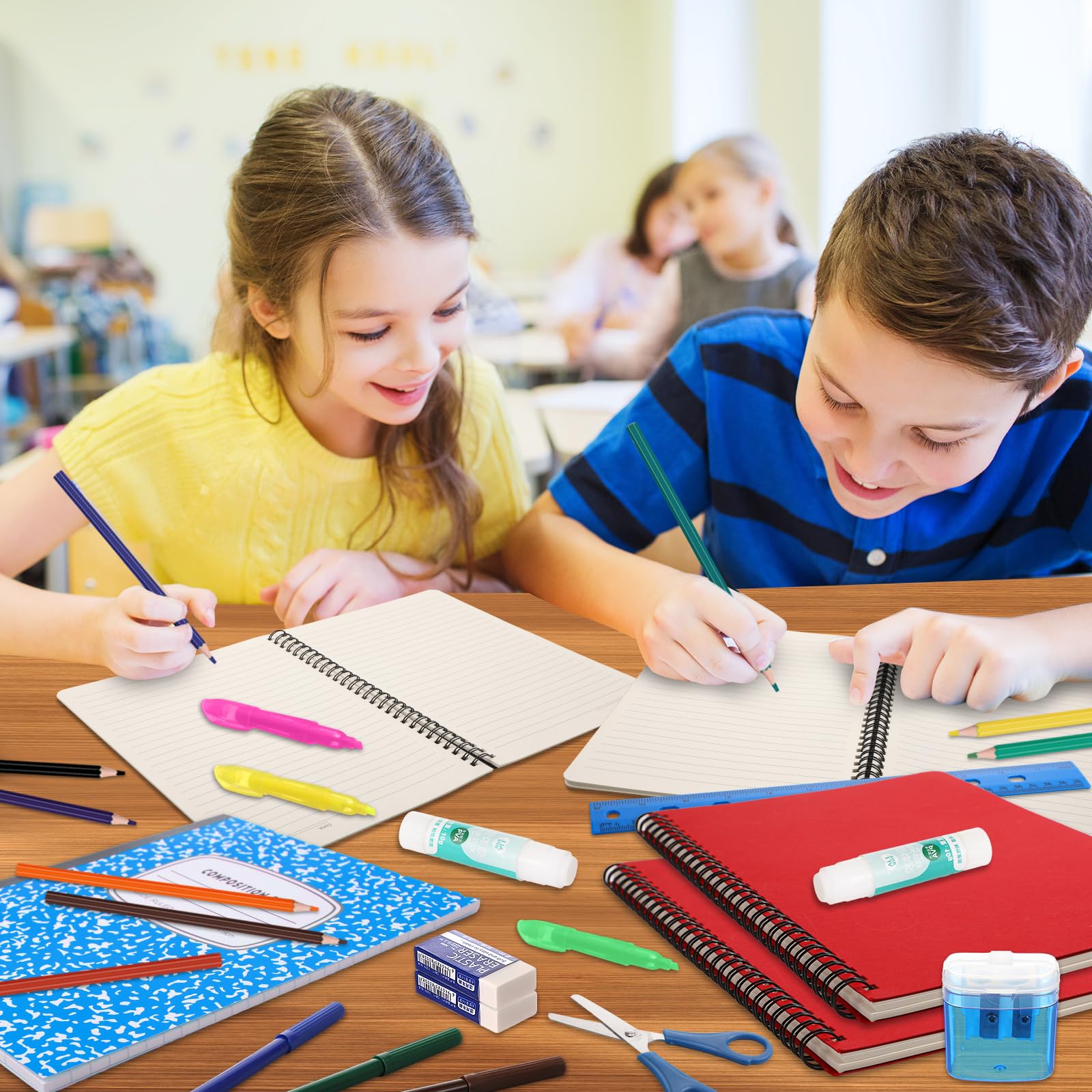 Gilprop Lot de 6 boîtes de 72 fournitures scolaires pour la rentrée scolaire - Essentiels pour enfant, étudiant, fille, garçon, salle de classe (jaune)