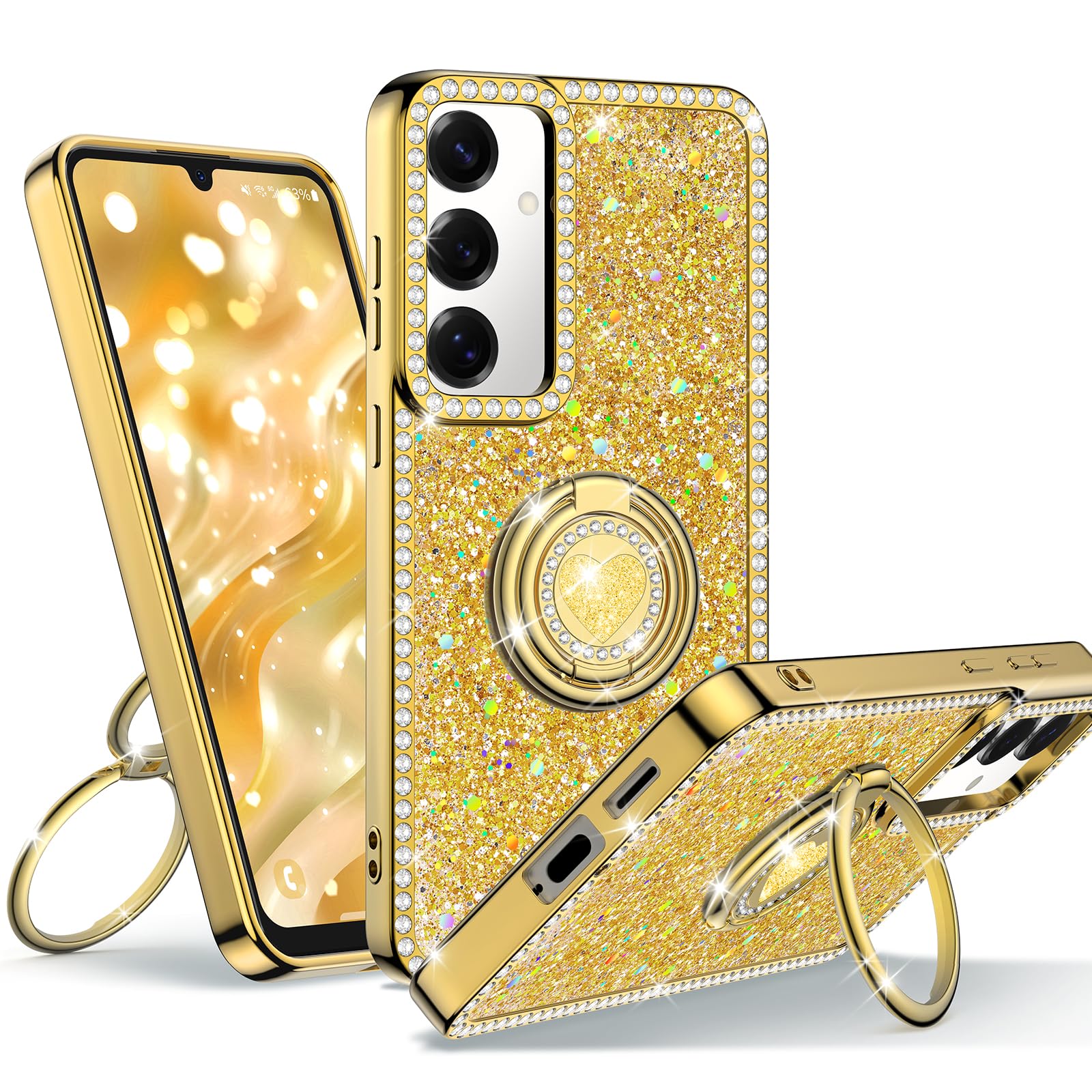 Unlicaku for Samsung Galaxy A15 5G Case with Stand, Phone Case with Double Ring Kickstand, Women Girls Bling Glitter Cute Luxury Protective Case for