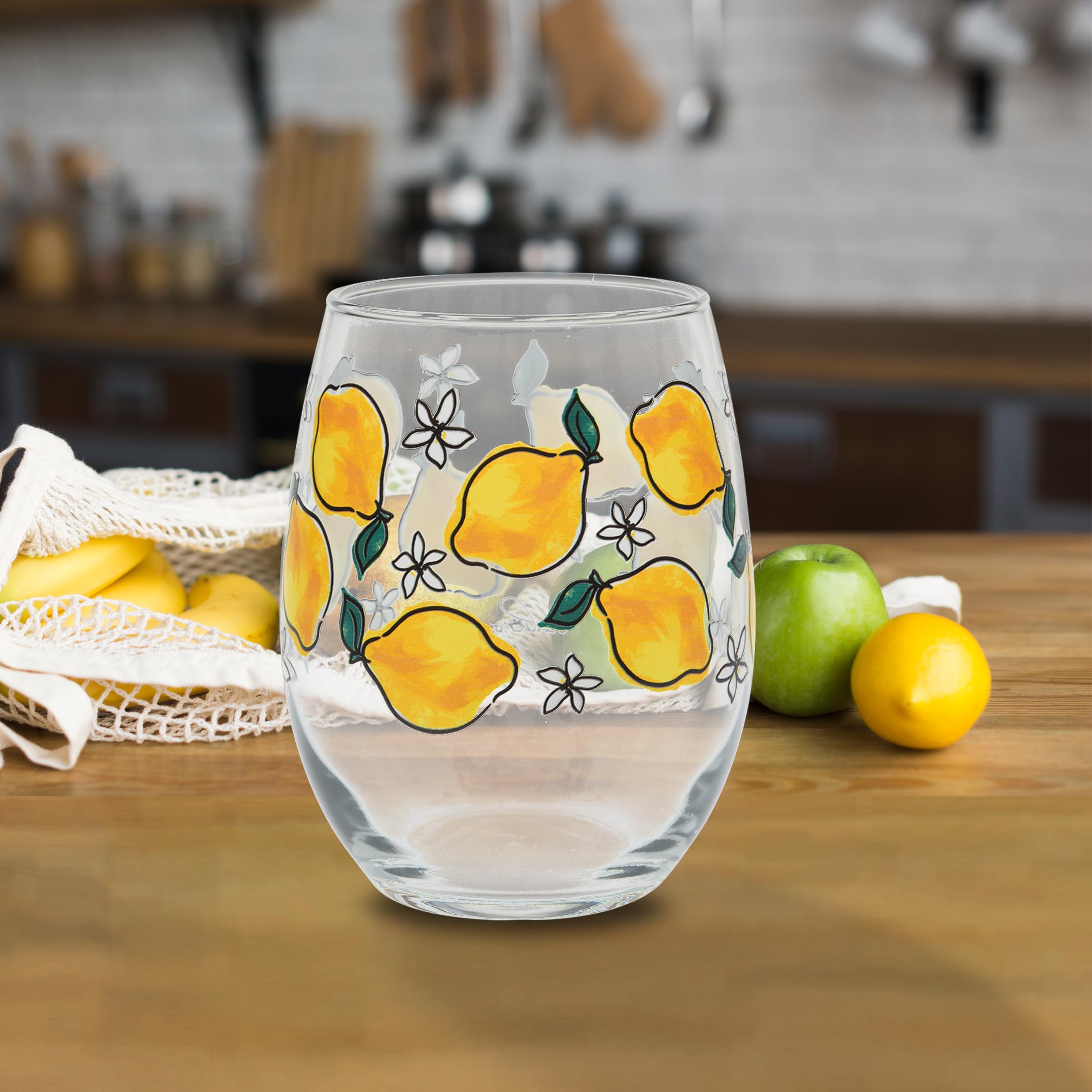 Culver Watercolor Lemons Decorated Stemless Wine Glass, 15-Ounce, Gift  Boxed Set of 2 : Amazon.sg: Home