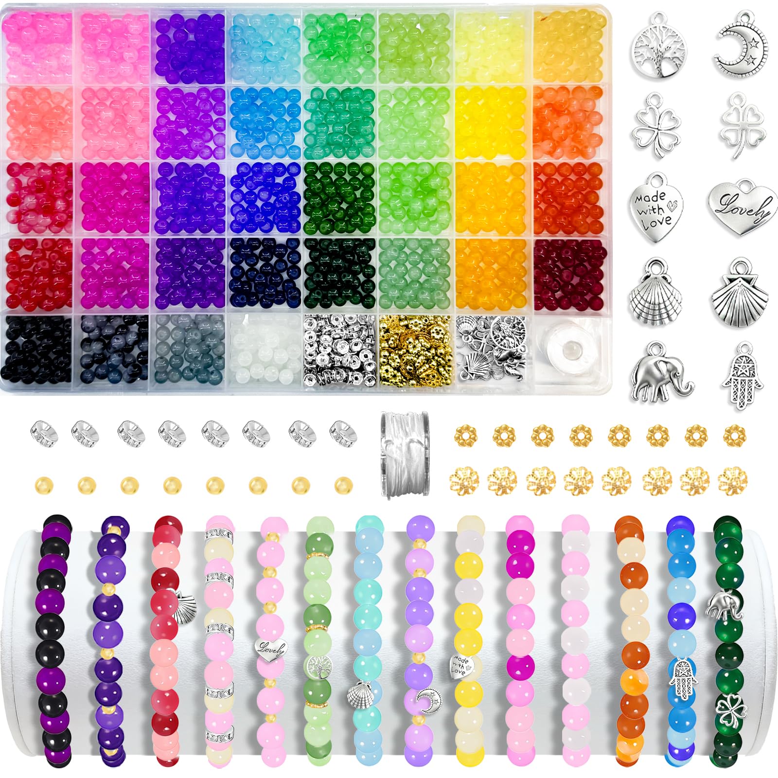 ReePlan 1300 Pcs 6mm Glass Beads for Bracelet Making Kit, 36 Vibrant Colours, Round Beads for DIY Crafts, Necklace, Phone Chain Making