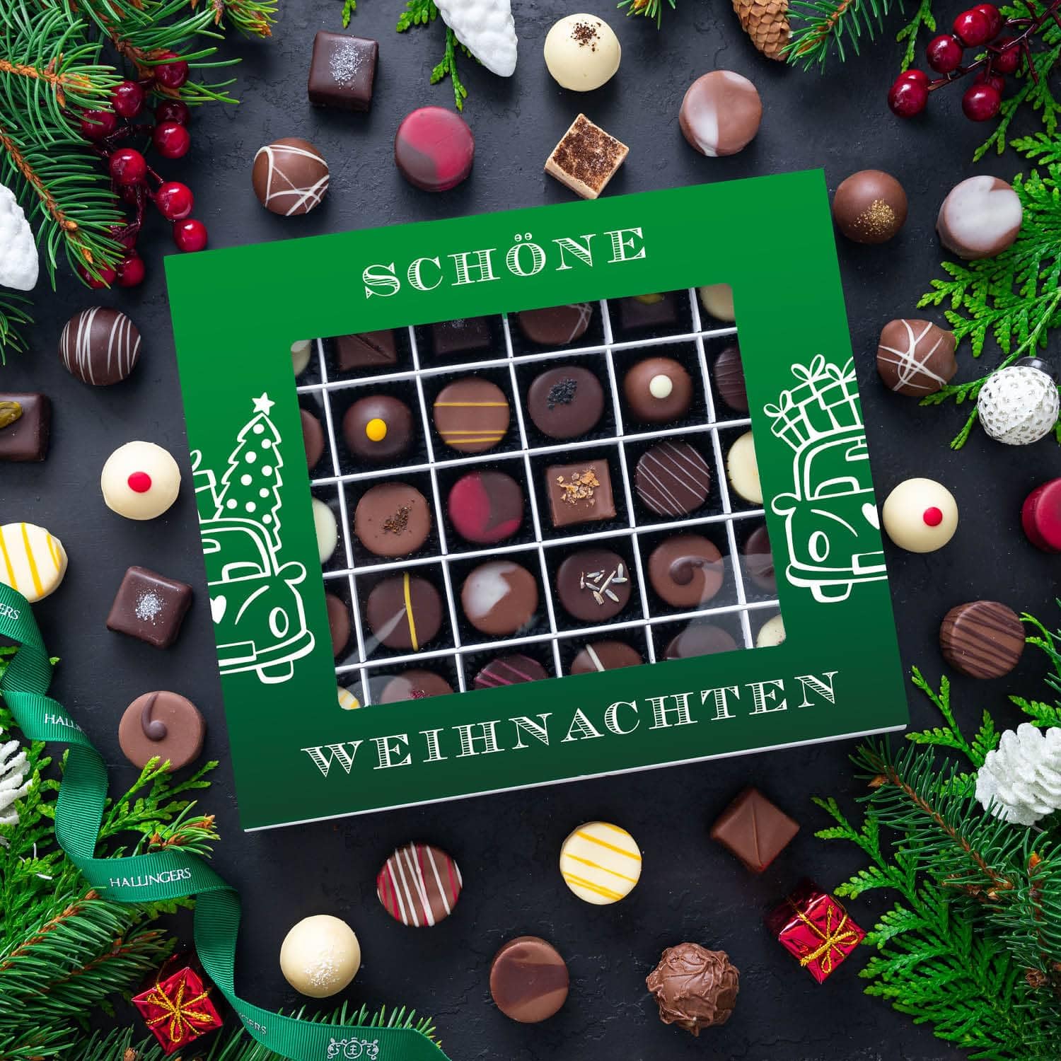 Hallingers Genuss Manufaktur Pralinen Weihnachts-Geschenk - mit & ohne Alkohol, handmade aus Confiserie-Edelkakao, wertige XXL-Geschenkbox "Schöne Weihnach...", Weihnachten für Frauen Männer