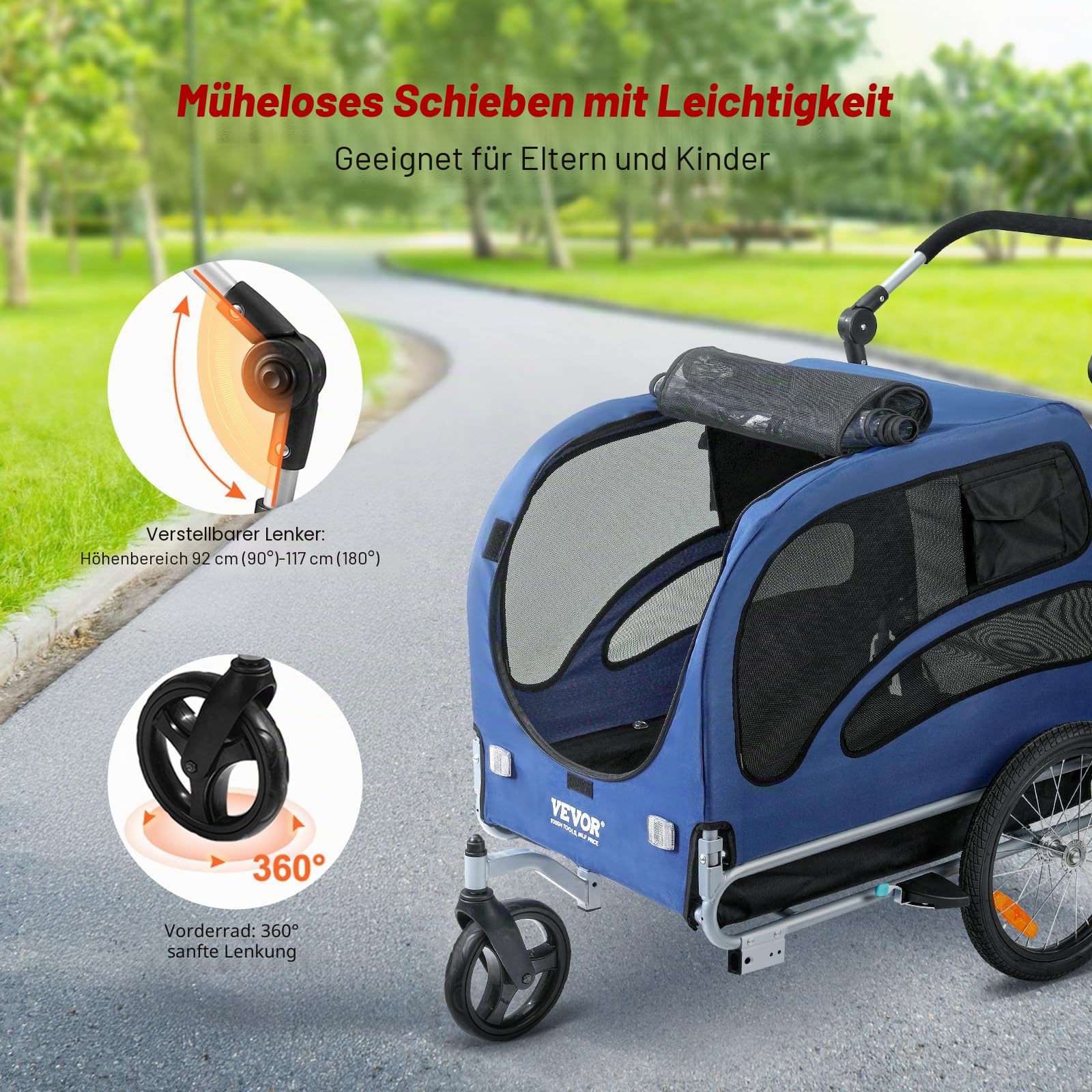 VEVOR Hundeanhänger 45 kg 2in1 Fahrradanhänger Kohlenstoffstahl + 600D Oxford-Gewebe + PP faltbar 1440 x 725 x 845 mm als Anhänger 1320 x 725 x 920 mm als Kinderwagen Hundebuggy Jogger Anhänger Blau