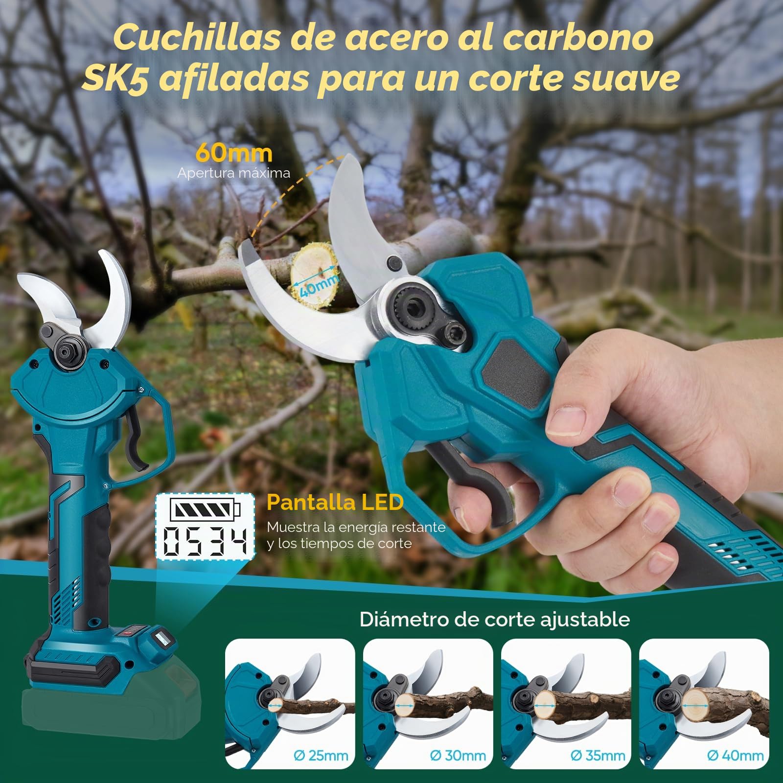 Tijeras de Podar Electricas,Tijeras de Poda de 40 mm con Display Tijeras de Podar 800W con Motor Brushless para Jardinería,Ajuste del Diámetro de Corte de 4 Niveles Pruning Shears