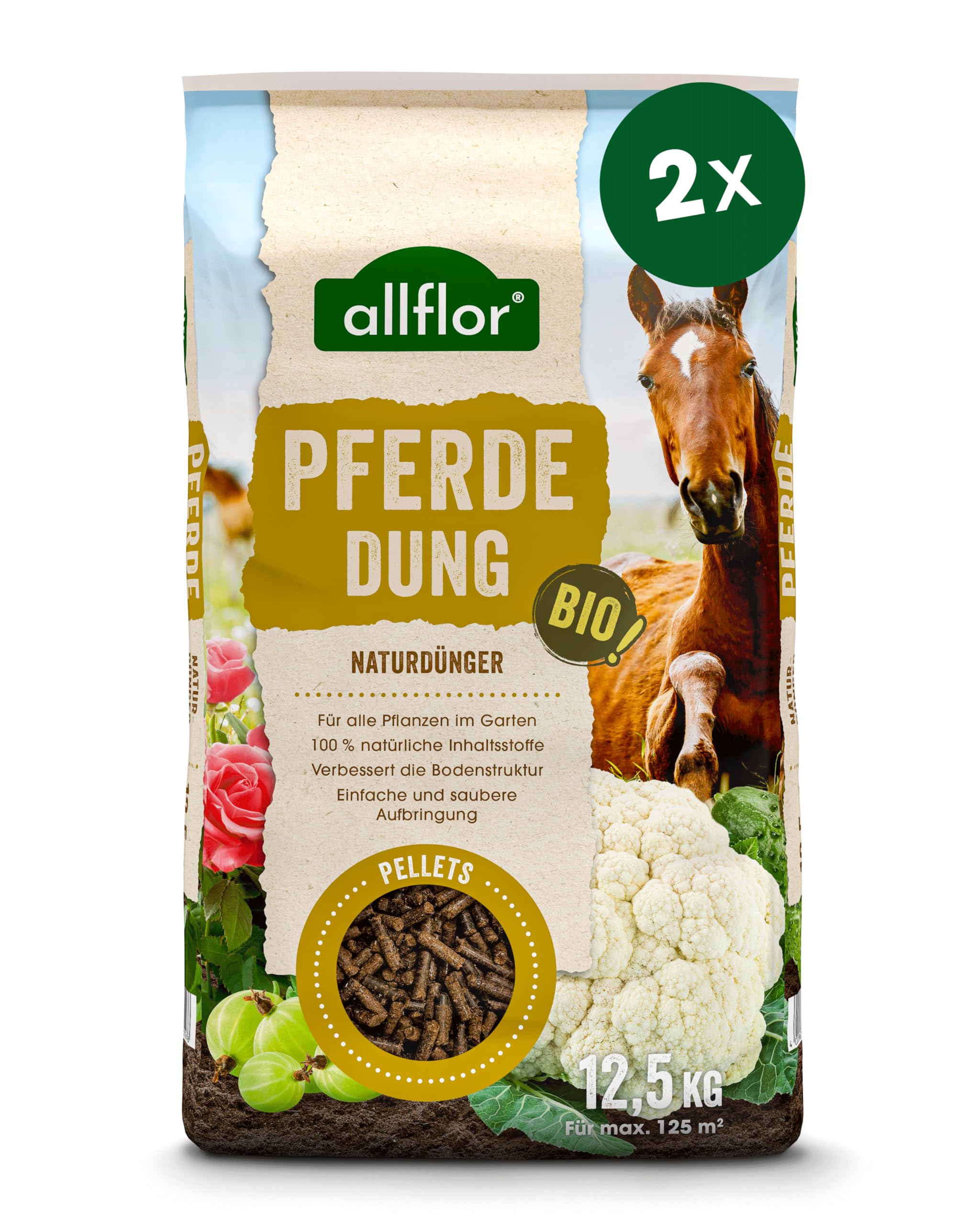 Allflor Pferdedung gekörnt 2 x 12,5 kg im Beutel - Pferdemist als Dünger - rein biologisch-organischer Universaldünger - Pferdedünger - Für alle Garten-, Obst- & Gemüsepflanzenn
