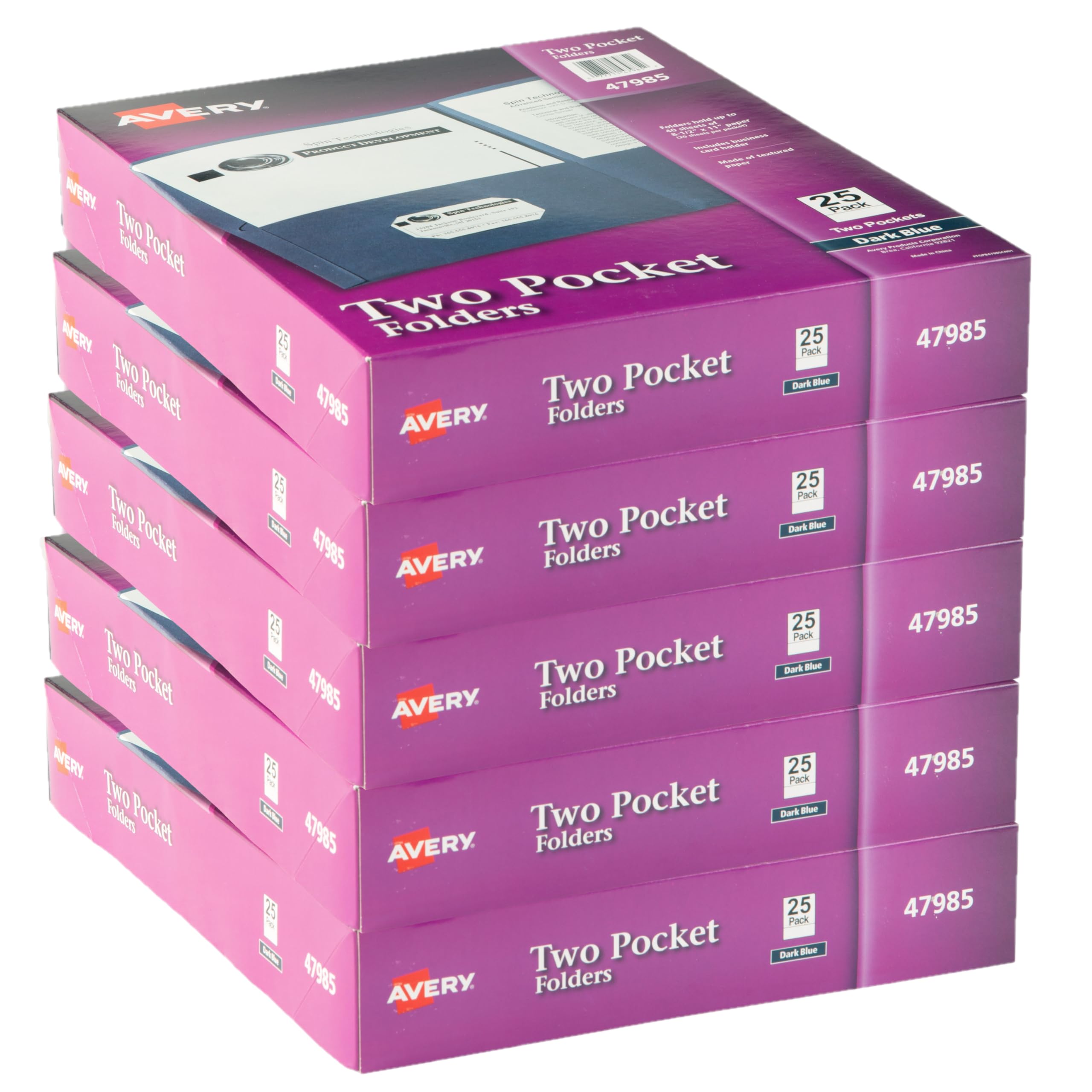 Avery Two Pocket Folders, Holds up to 40 Sheets, Business Card Slot, Ideal for Portfolio, Presentation and School Folders, Dark Blue, Case Pack of 125 (47985)