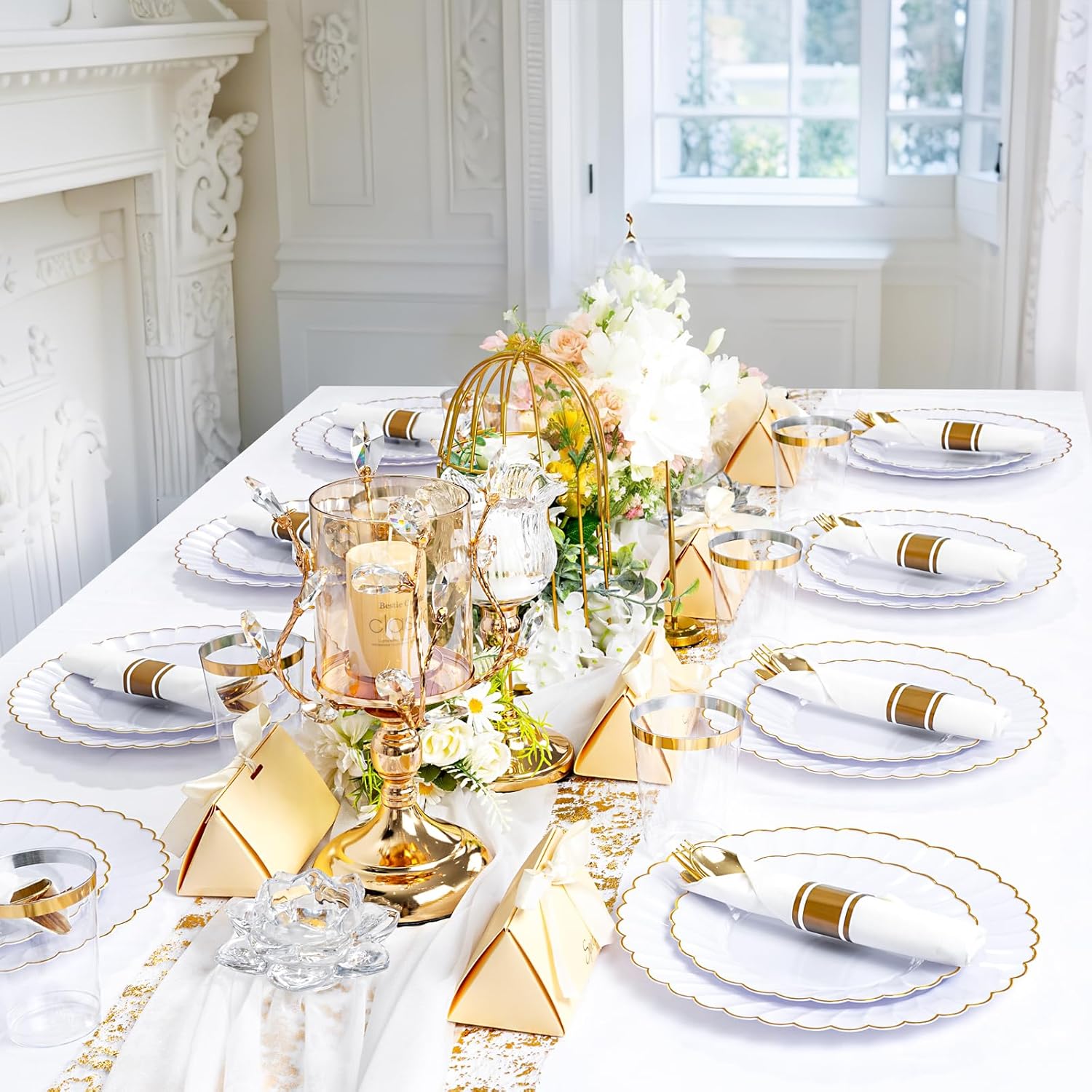 YOUBET 350PCS Gold Scalloped Plastic Plates - White and Gold Disposable Dinnerware Set Include 100 Plates, 150 Gold Silverware, 50 Cups, 50 Napkins for Wedding Party - Image 7