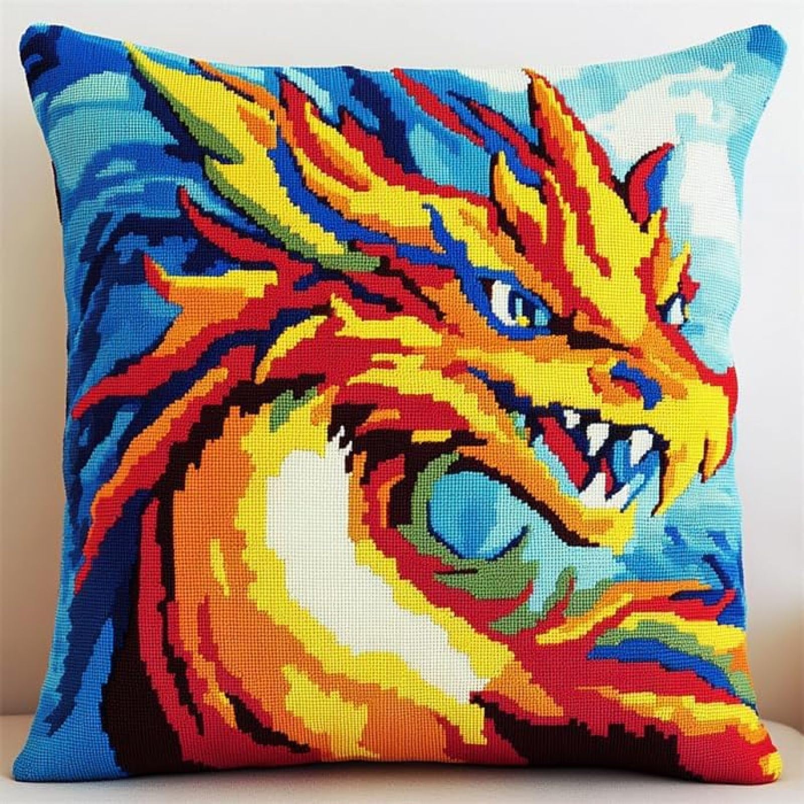 ANSIWEIGO Latch Hook Cushion Cover Kit,Animal Dragon,DIY Needlework Cross Stitch Embroidery Cushion Kit Handmade Set Latch Hook Craft Sofa Home Decor,43x43cm/17x17inch