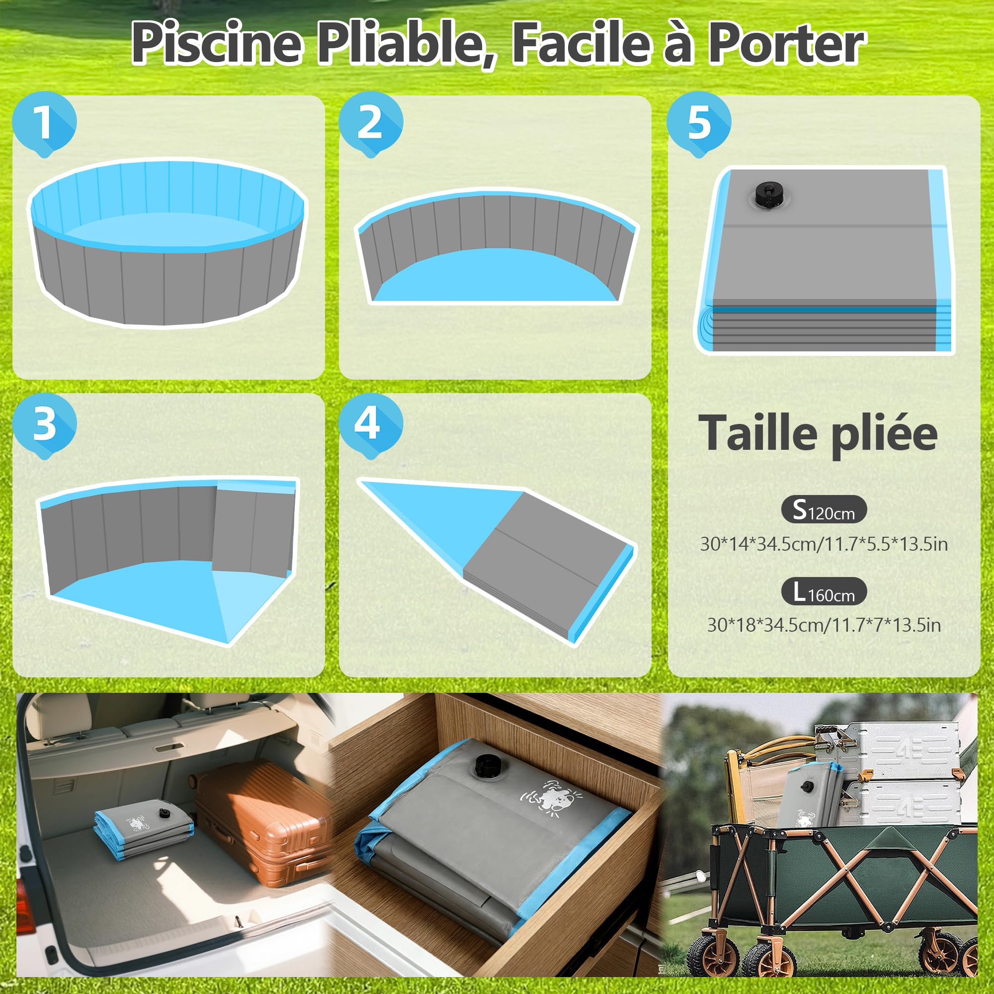 FORMIZON Piscine pour Chien Pliable, Piscine Chiens Rigide pour Grands Chiens et Petits - Stable & Antidérapante & PVC Épais Portable Pataugeoire Chien, pour Animaux de Compagnie Enfants (160)