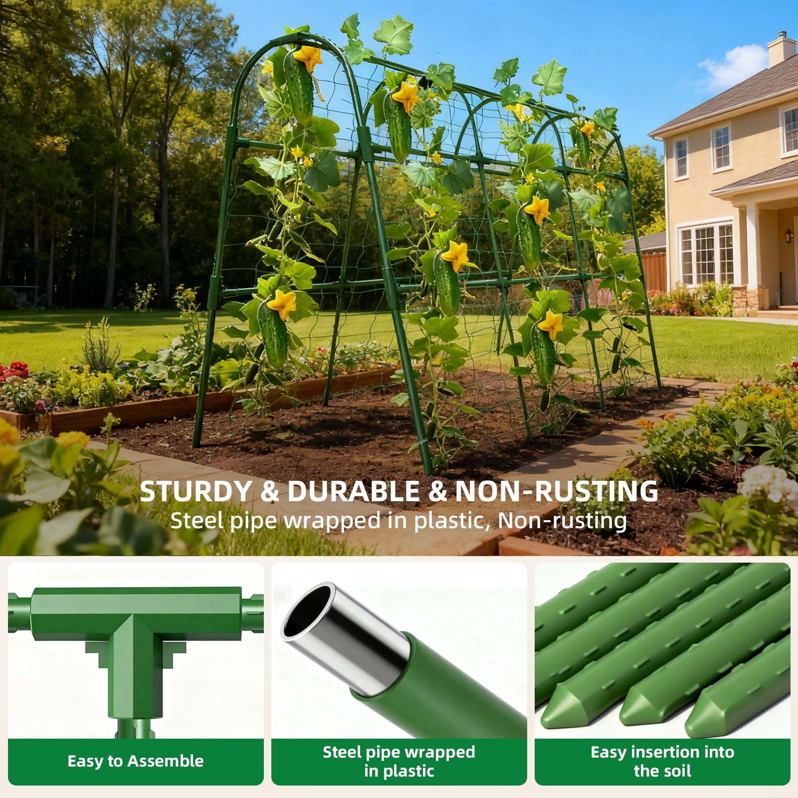 Cucumber Trellis for Raised Bed, U-Shape Garden Arch Metal Support for Climbing Plants, Metal Arch Plant Support Vegetables Trellis, Plant Support for Vine Outdoor (Green, 47*30*47inch(L*W*H))