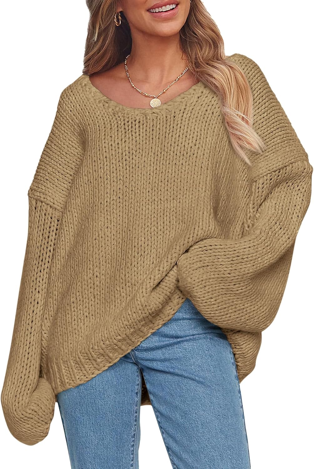 PRETTYGARDEN Women's Fall Oversized Sweaters Long Sleeve V Neck Dressy Casual Chunky Knit Loose Pullover Tops Winter Clothing