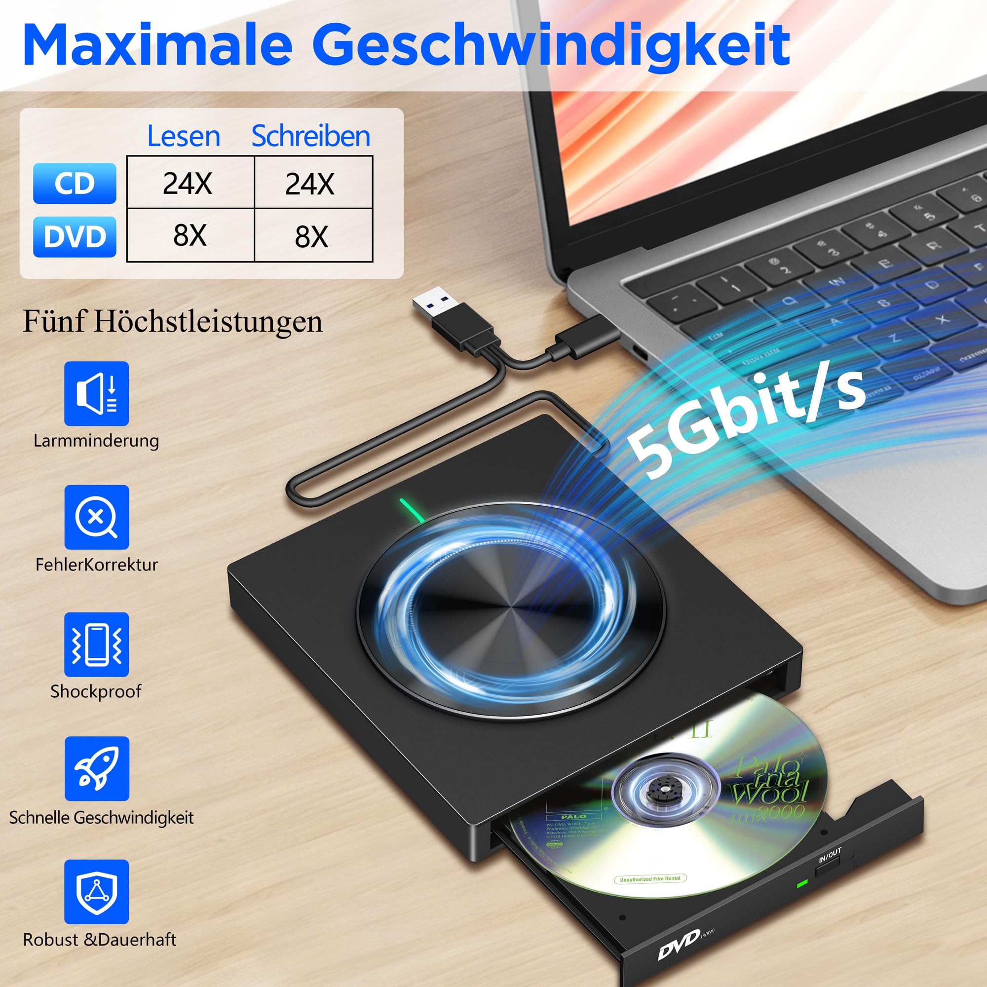 Lettore DVD CD esterno USB 3.0 & USB-C, unità ottica ultra sottile con 2 porte USB e lettore di schede SD/TF, Plug & Play External DVD Drive per laptop, PC, desktop, Windows, Mac, Linux