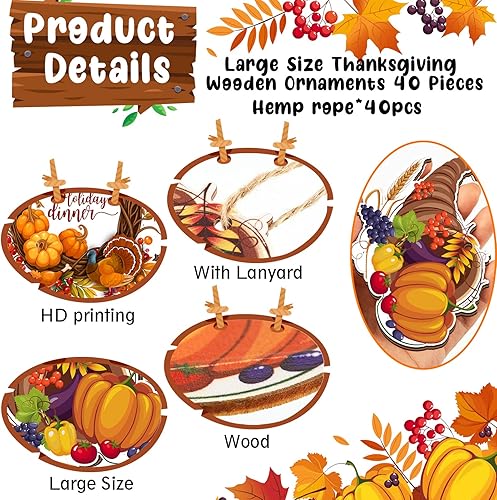 Miniatura 3 de 40 adornos grandes de madera de Acción de Gracias, adornos de madera de otoño, calabaza, pavo, adornos colgantes de hojas de arce, adornos de árbol