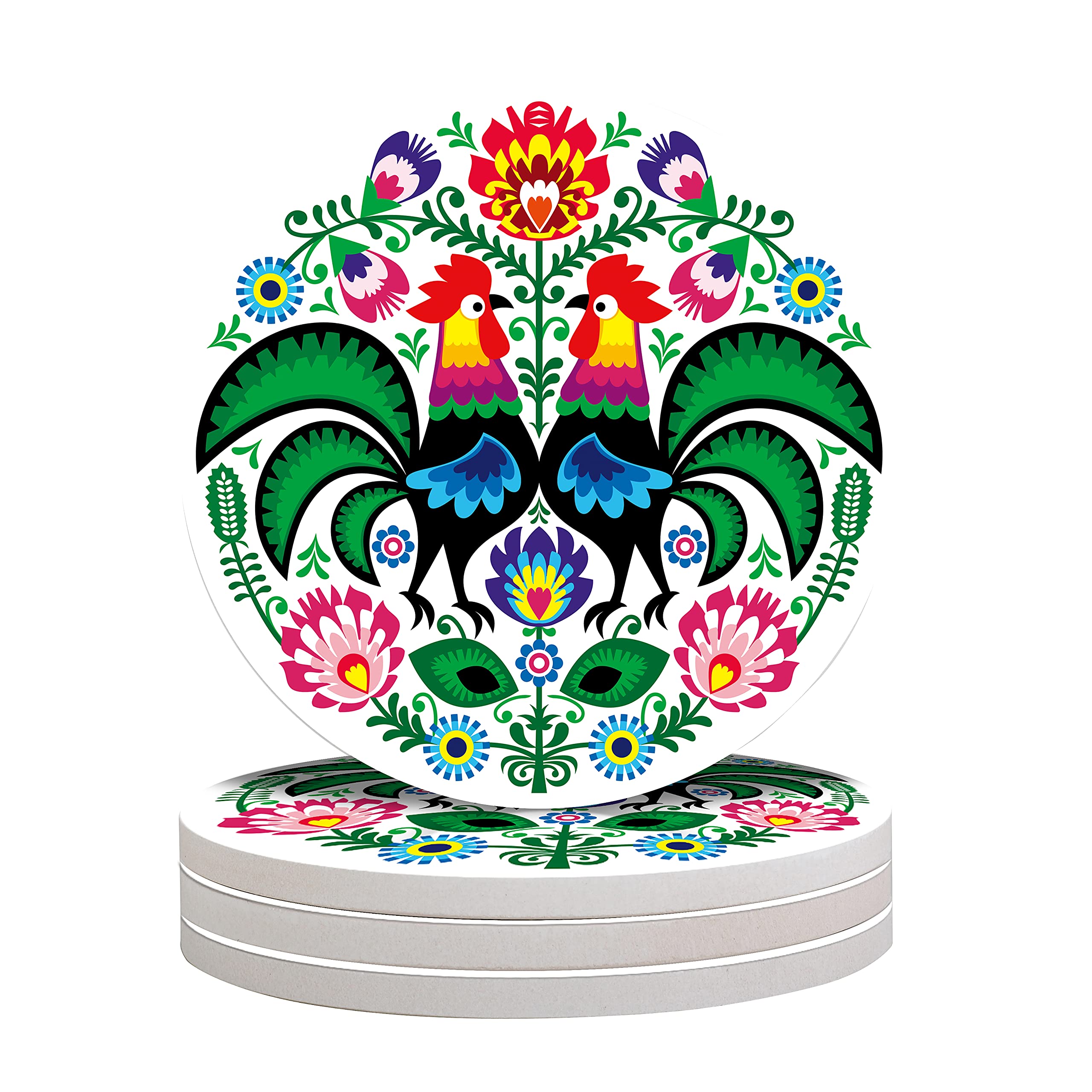 Vibiliyou A 4-Piece Set of Polish Folk Roosters Round Drinks Coasters,Made of Absorbent Ceramic Stone with a Cork Base,Perfect for Various Mugs,Cups,and Tabletop Protection